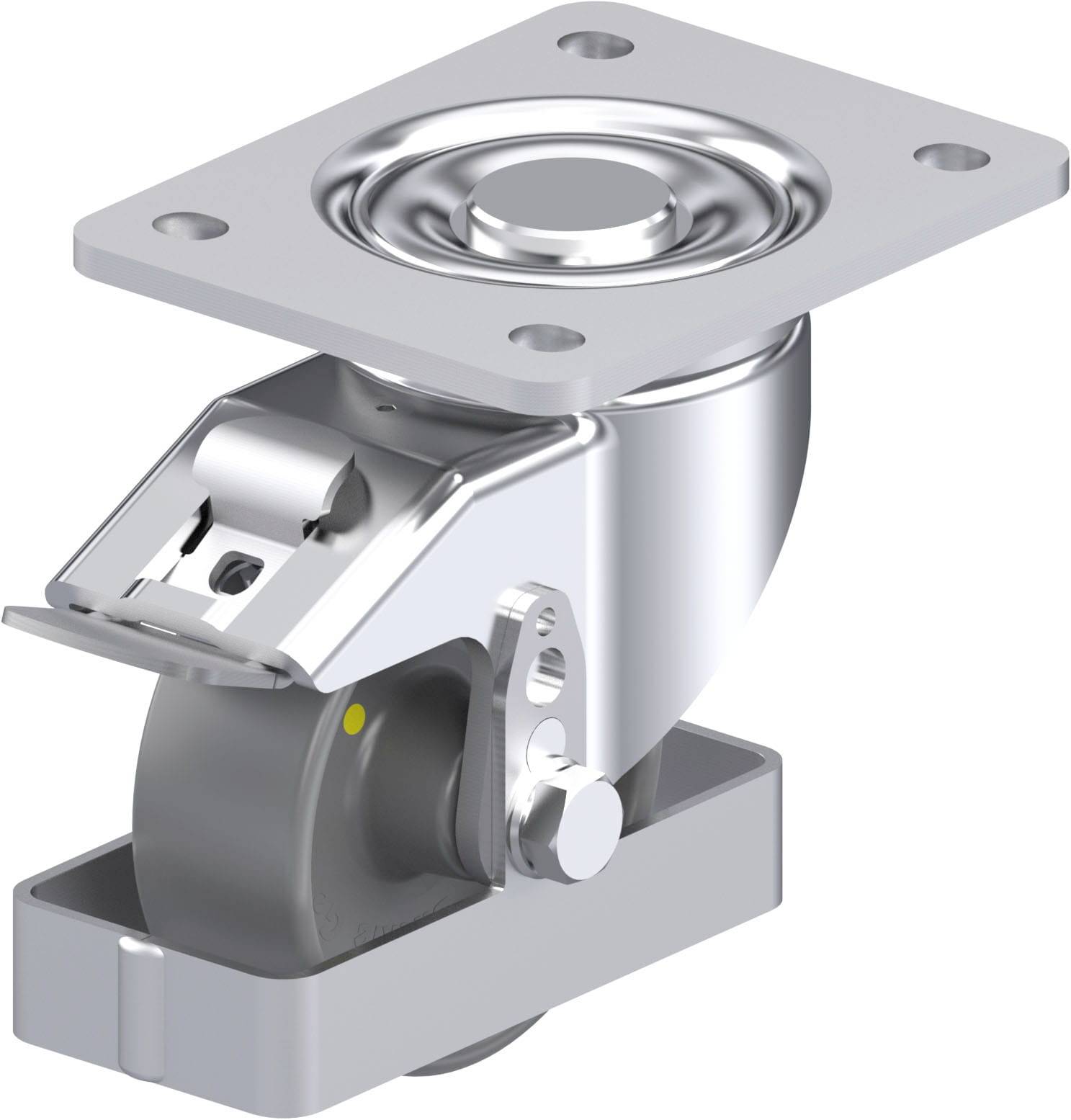 Metallisches Lenkrollenrad mit grauem Rad und Befestigungsplatte. Geeignet für Möbel oder Transportgeräte.