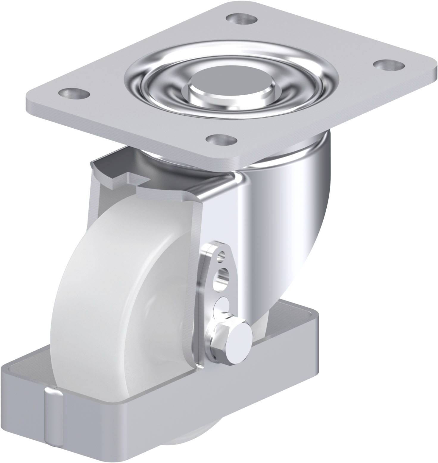 Rollenlager aus Metall mit weißem Rad und Befestigungsplatte oben. Verwendet für bewegliche Möbel oder industrielle Anwendungen.