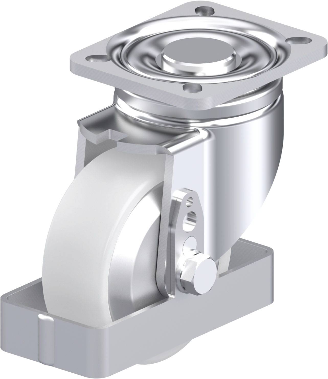 Drehbares Lenkrollenrad aus Metall und Kunststoff, geeignet für Möbel oder Industrieanwendungen. Silberne Halterung sichtbar.