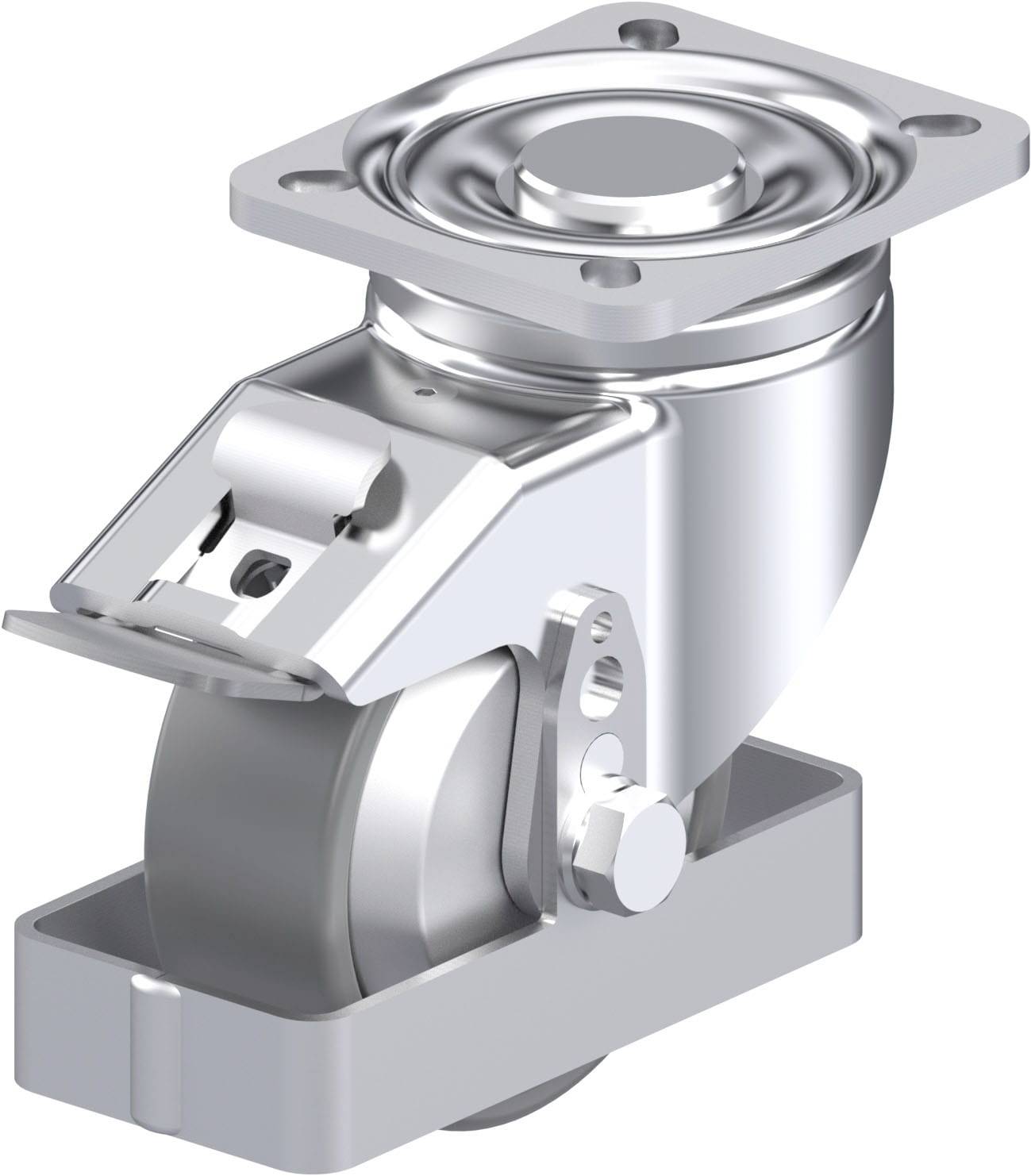 Industrie-Schwenkrolle aus Metall mit flacher Befestigungsplatte, seitlicher Verriegelungsmechanismus und runder, stabiler Bauform.