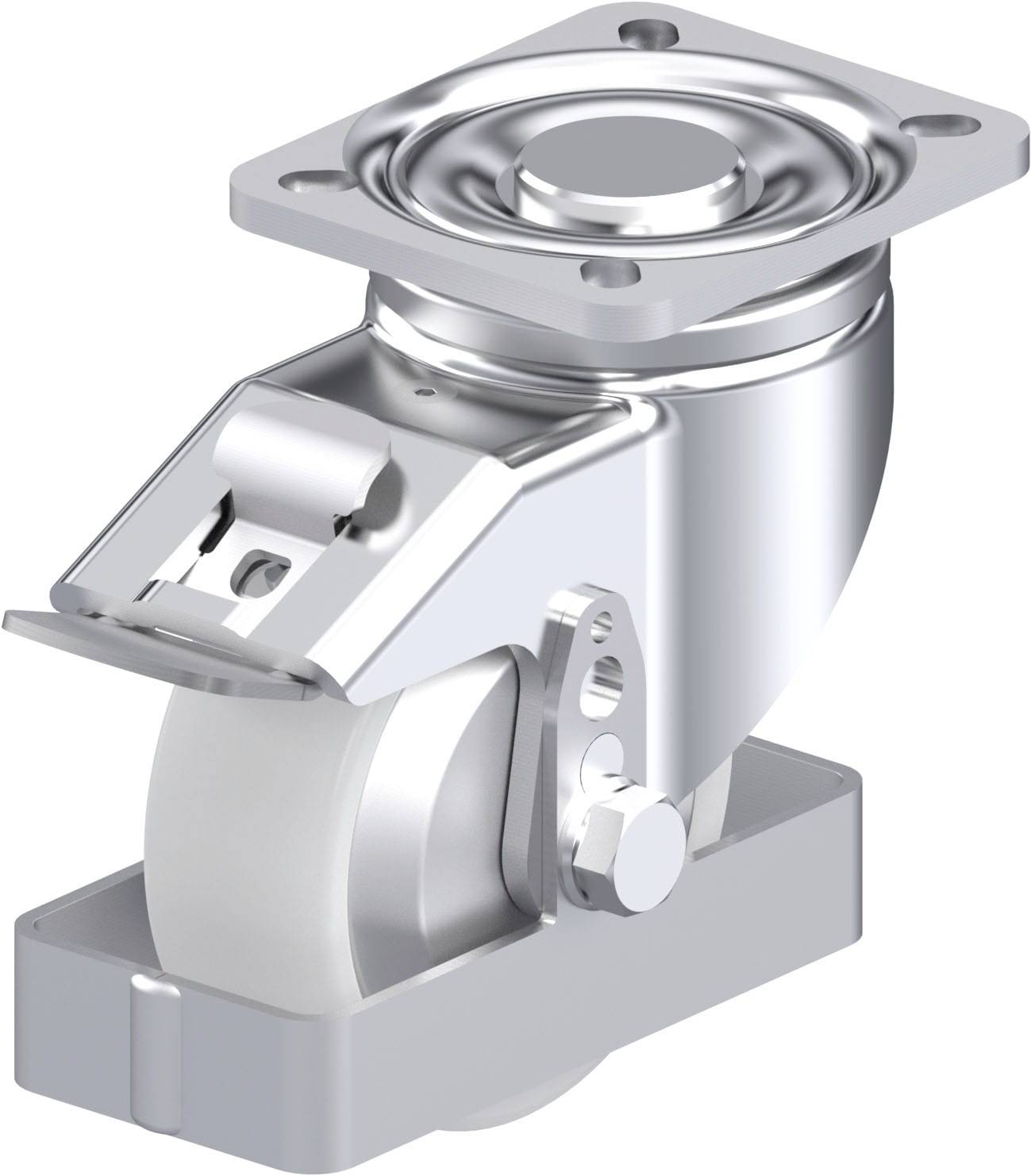 Schwenkrolle aus Metall und Kunststoff, geeignet für Möbel oder Geräte, mit Befestigungsplatte und Drehmechanismus.