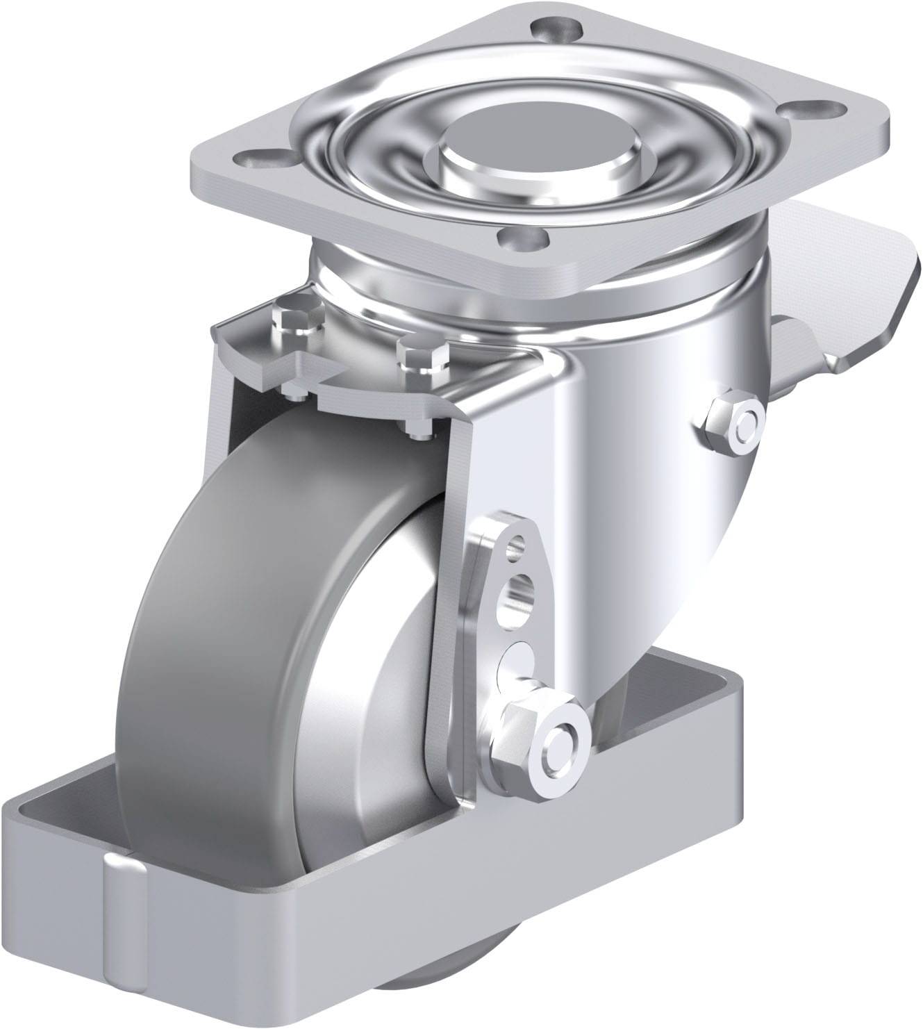 Industrie-Schwenkrolle aus Metall mit einem robusten, drehbaren Gehäuse. Geeignet für schwere Lasten und flexible Beweglichkeit.