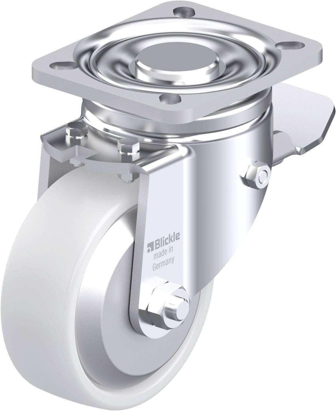 Eine drehbare Transportrolle aus Metall mit weißem Rad, gekennzeichnet mit 'Blickle - made in Germany'. Geeignet für Industrieanwendungen.