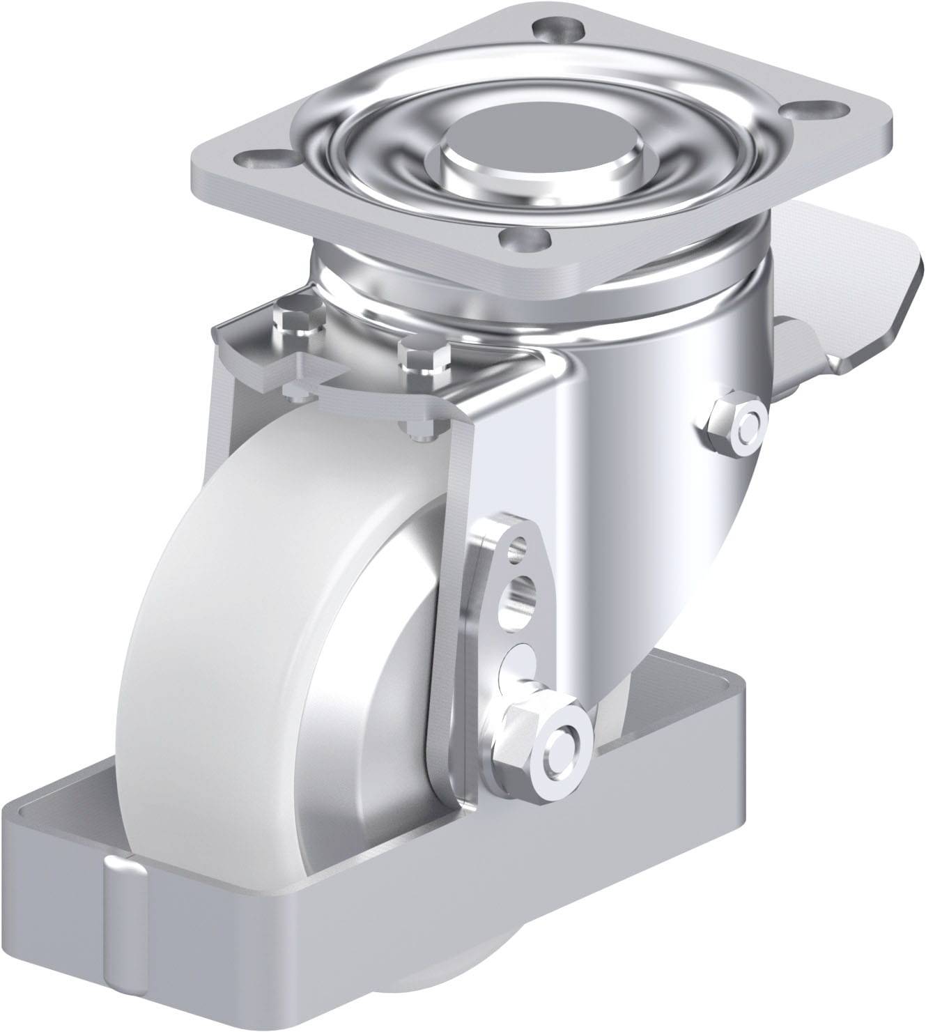 Das Bild zeigt eine industrielle Lenkrolle mit einer silbernen Metallhalterung und einem weißen Rad, geeignet für den schweren Lastentransport.