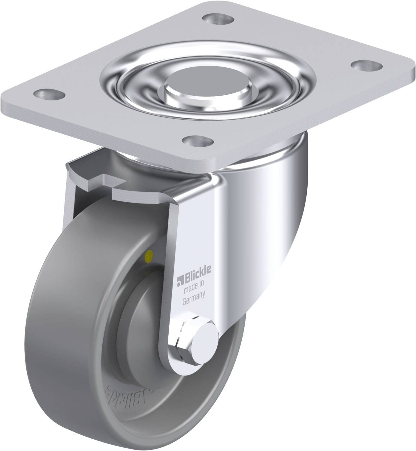 Eine silberne Lenkrolle mit grauem Rad und rechteckiger Montageplatte. Text auf der Rolle: 'Blickle, made in Germany'.