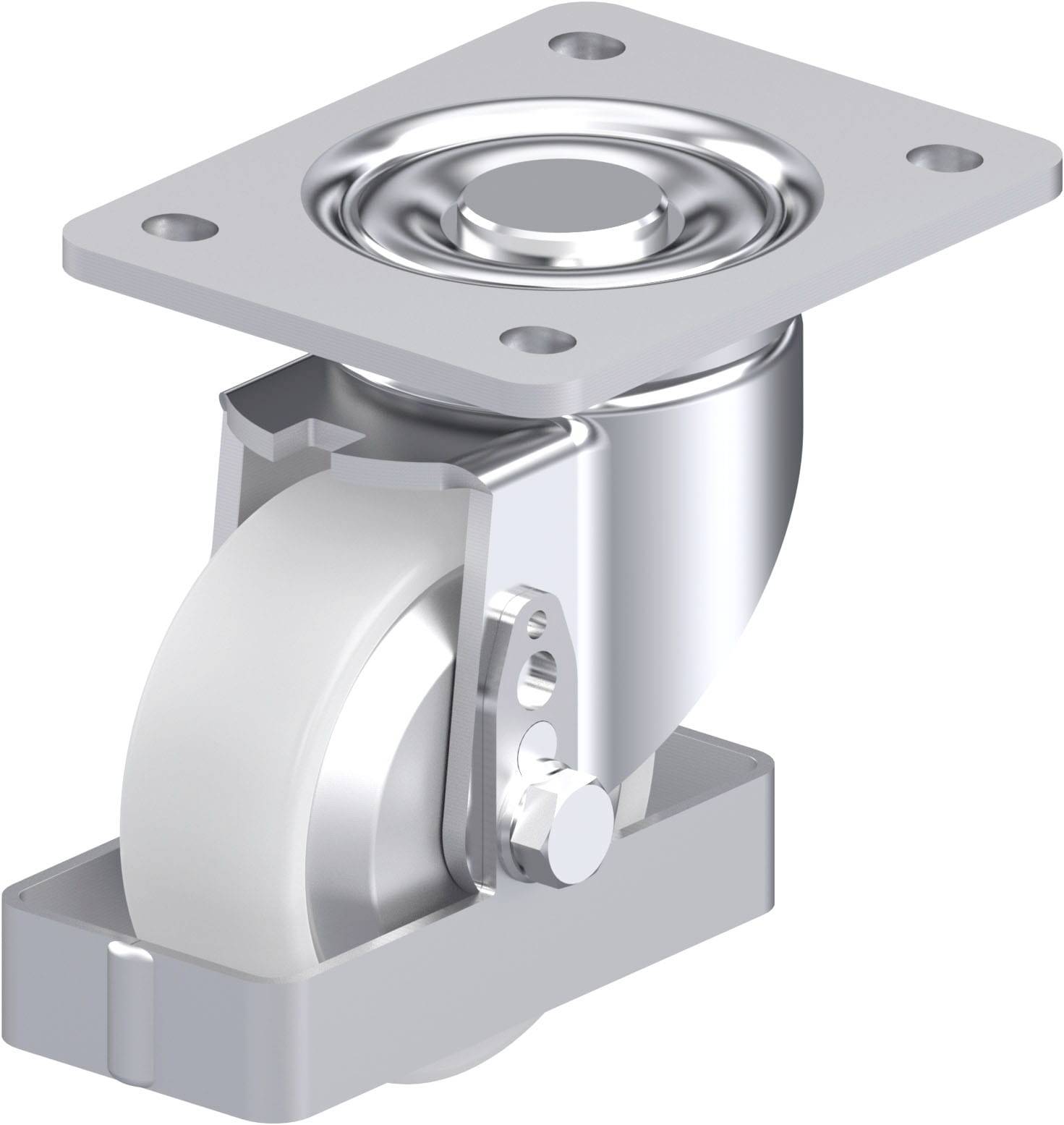 Einzelnes Metall-Lenkrollenrad mit Halterung, geeignet für Möbel oder Geräte zum einfachen Bewegen und Lenken auf glatten Oberflächen.