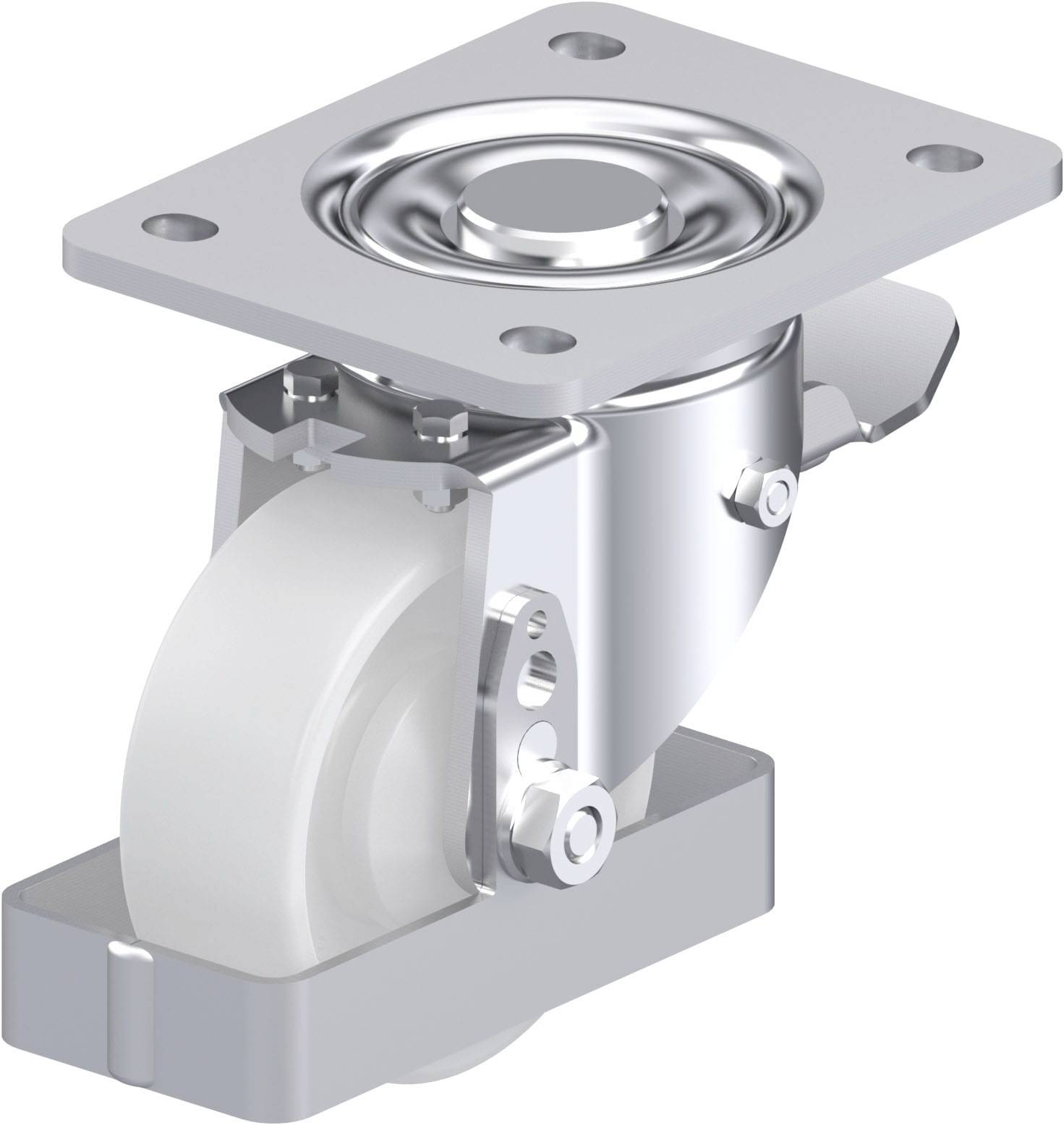 Metallrolle mit weißem Rad und Befestigungsplatte, geeignet für Mobilgeräte oder Möbel.