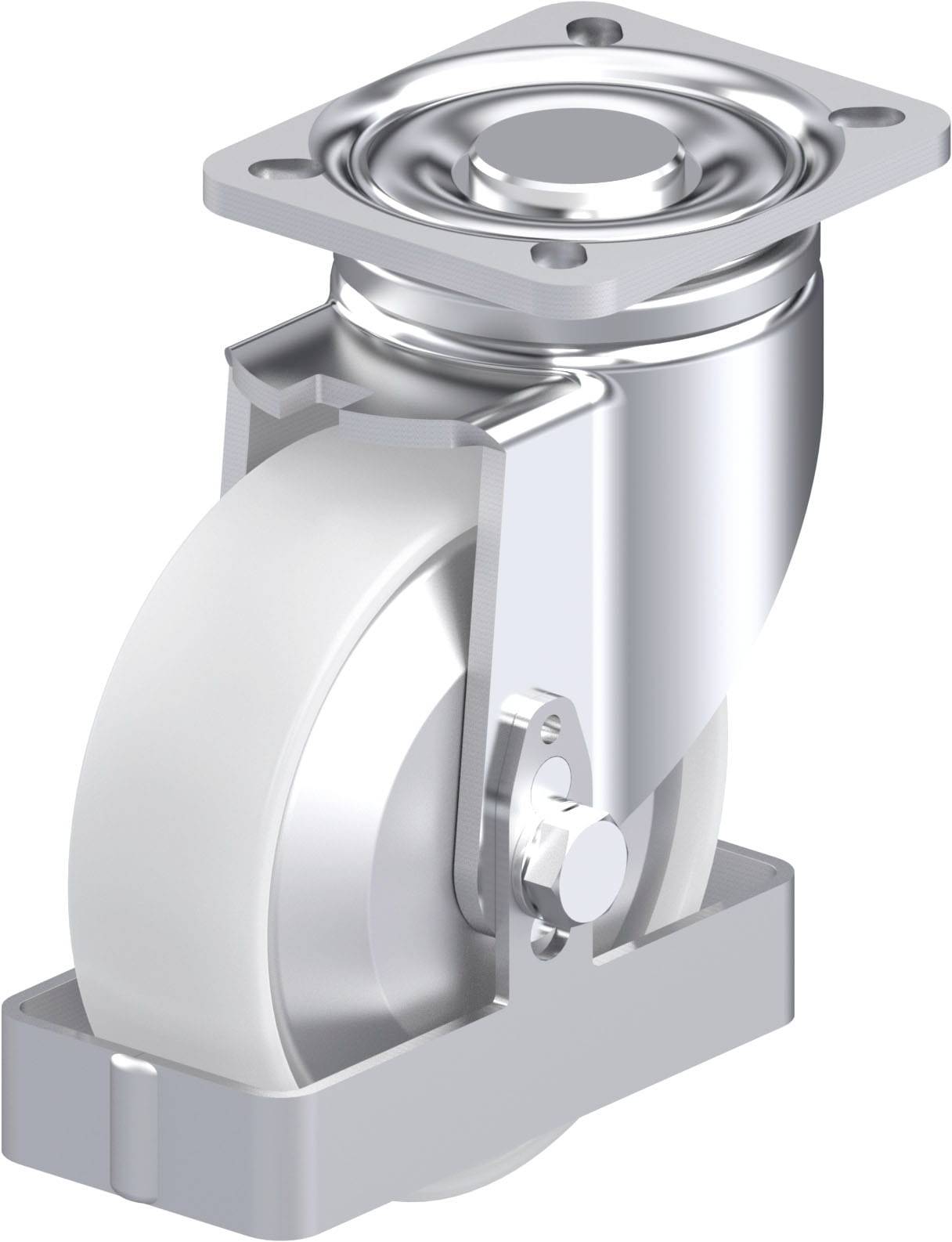 Metallisches Gehäuse mit drehbarem Weißrad, das an einer quadratischen Montageplatte befestigt ist, ideal für industrielle Anwendungen.
