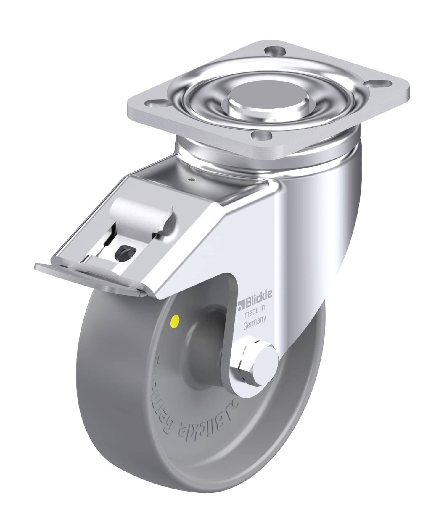 Schwenkrolle aus Metall mit grauem Rad, geeignet für Möbel oder Industriegeräte. Oben eine Montageplatte zur Befestigung.