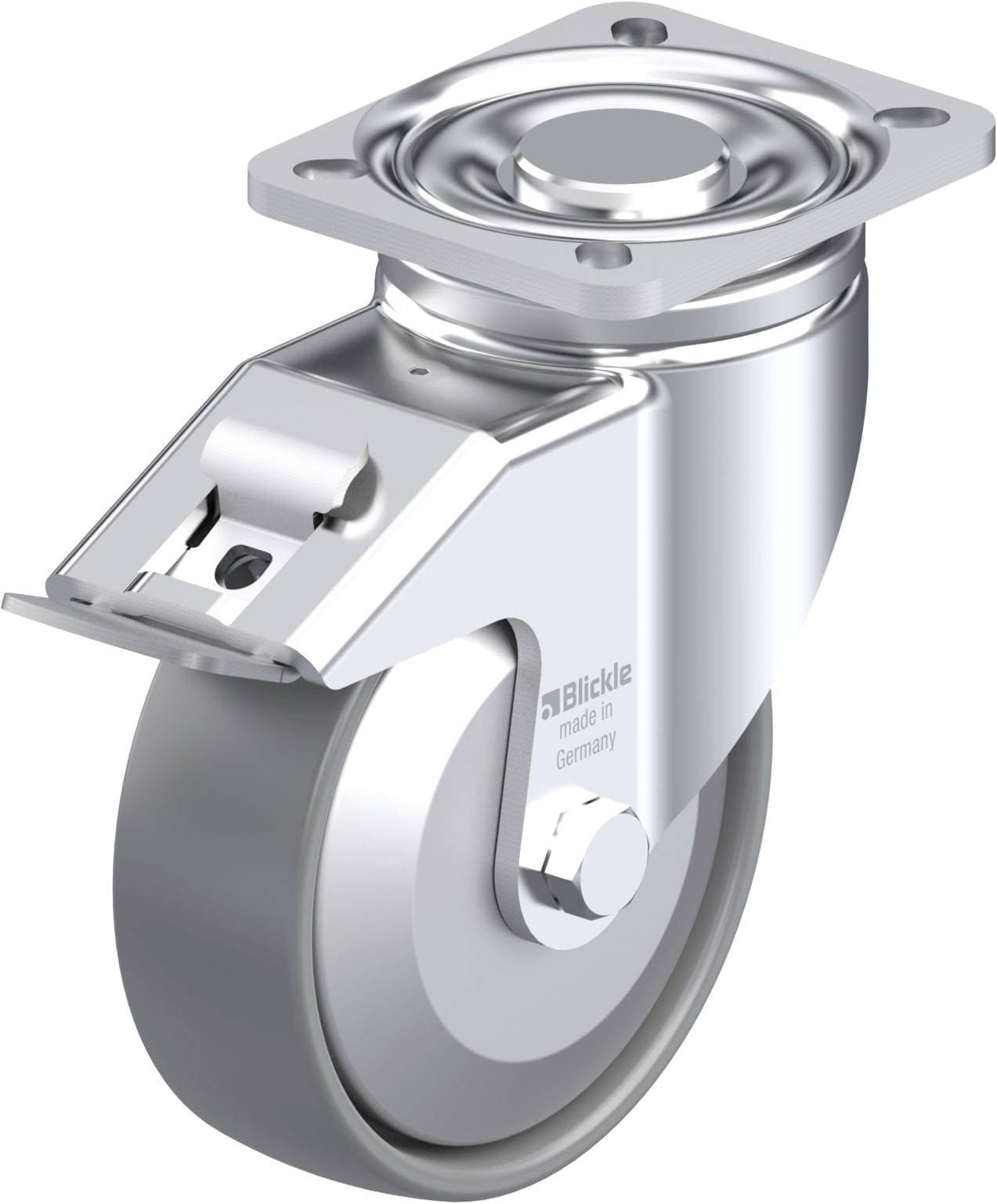 'Blickle' Schwerlast-Lenkrolle aus Metall mit Rad, geeignet für industrielle Anwendungen, robust und langlebig.