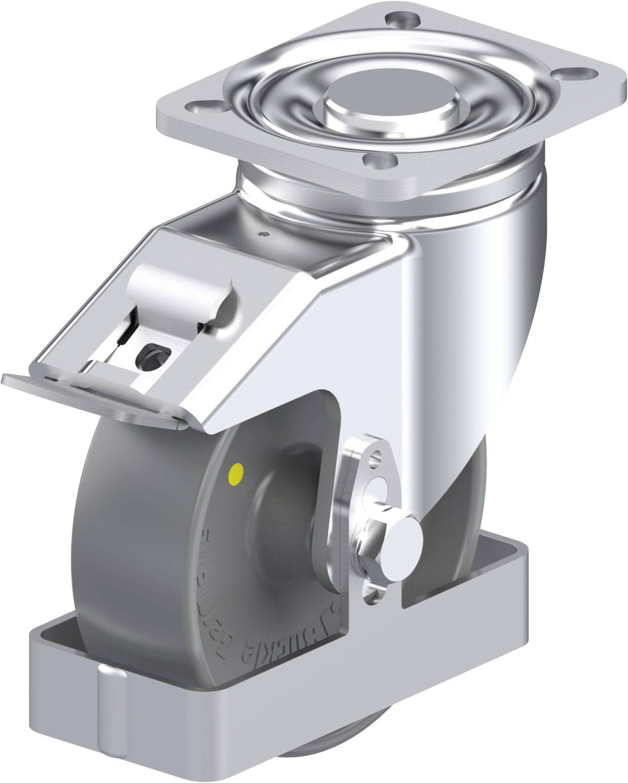 Schwenkrolle aus Metall mit Bremse, geeignet für Möbel oder Industrieausrüstung. Hochglänzende Oberfläche mit detailreicher Mechanik.