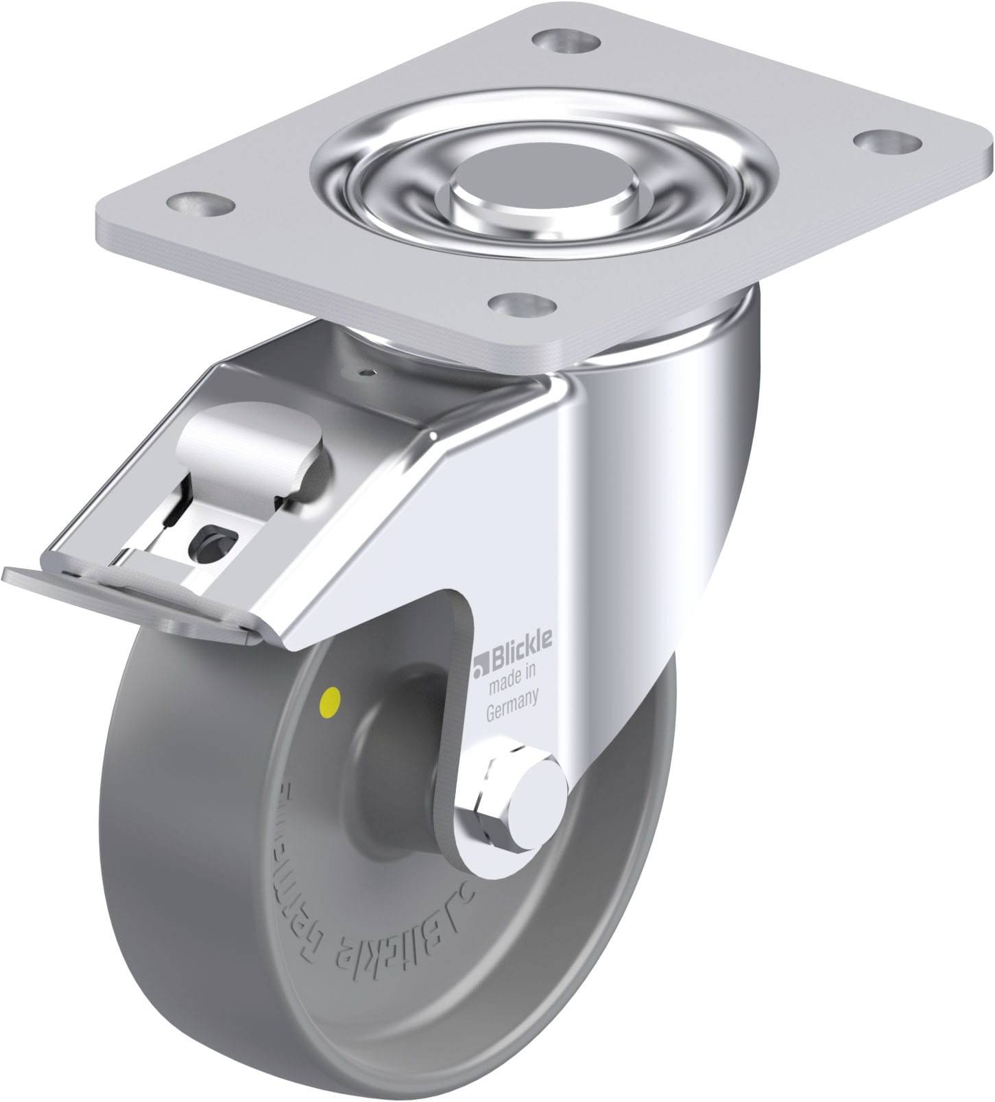 Rolle mit Metallplatte zur Befestigung, industrielles Design, geeignet für Maschinen oder Möbel. Drehbar mit Kugellager für sanfte Bewegung.