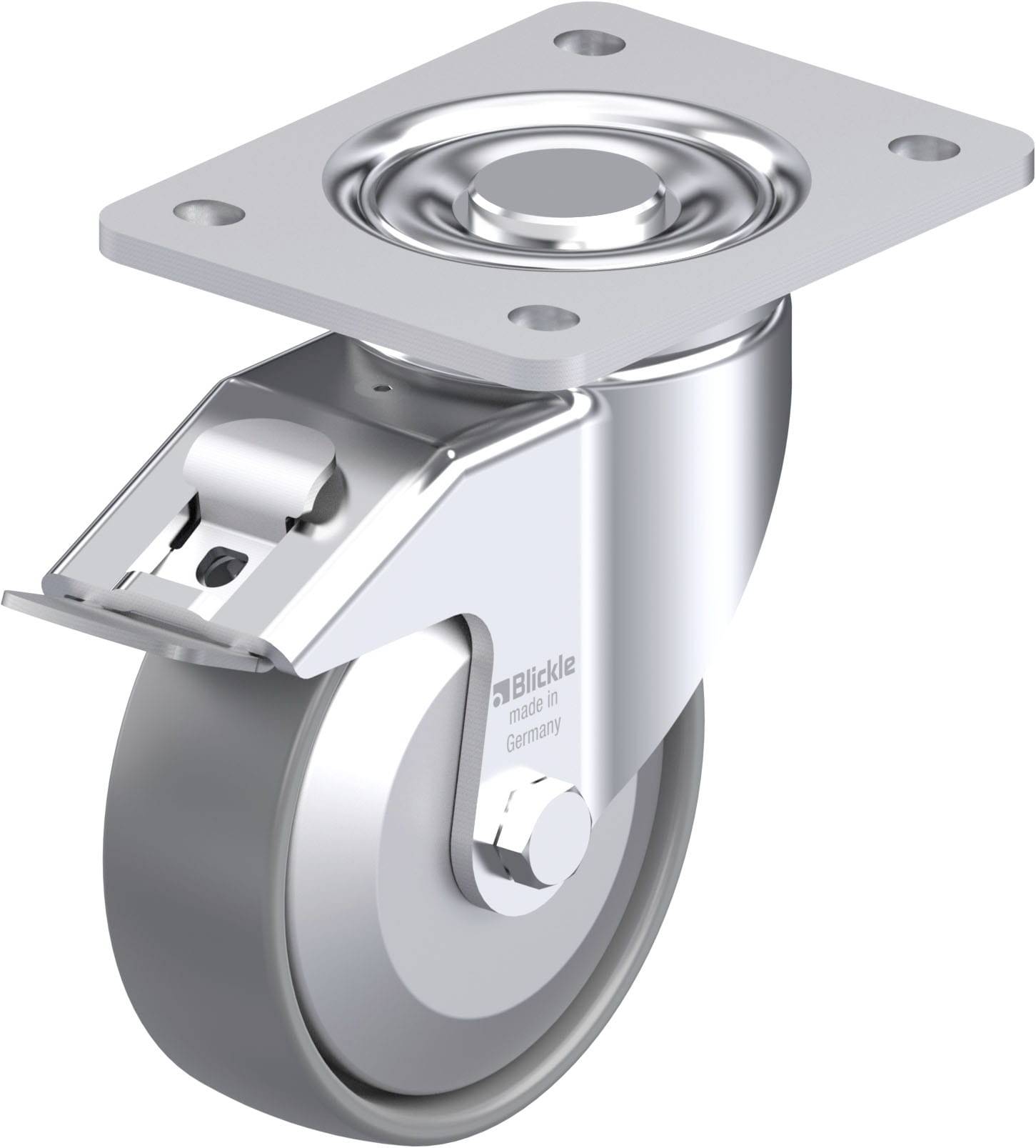Metallisches Lenkrolle-Rad mit rechteckiger Befestigungsplatte, geeignet für industrielle Anwendungen. Glänzende, robuste Oberfläche.