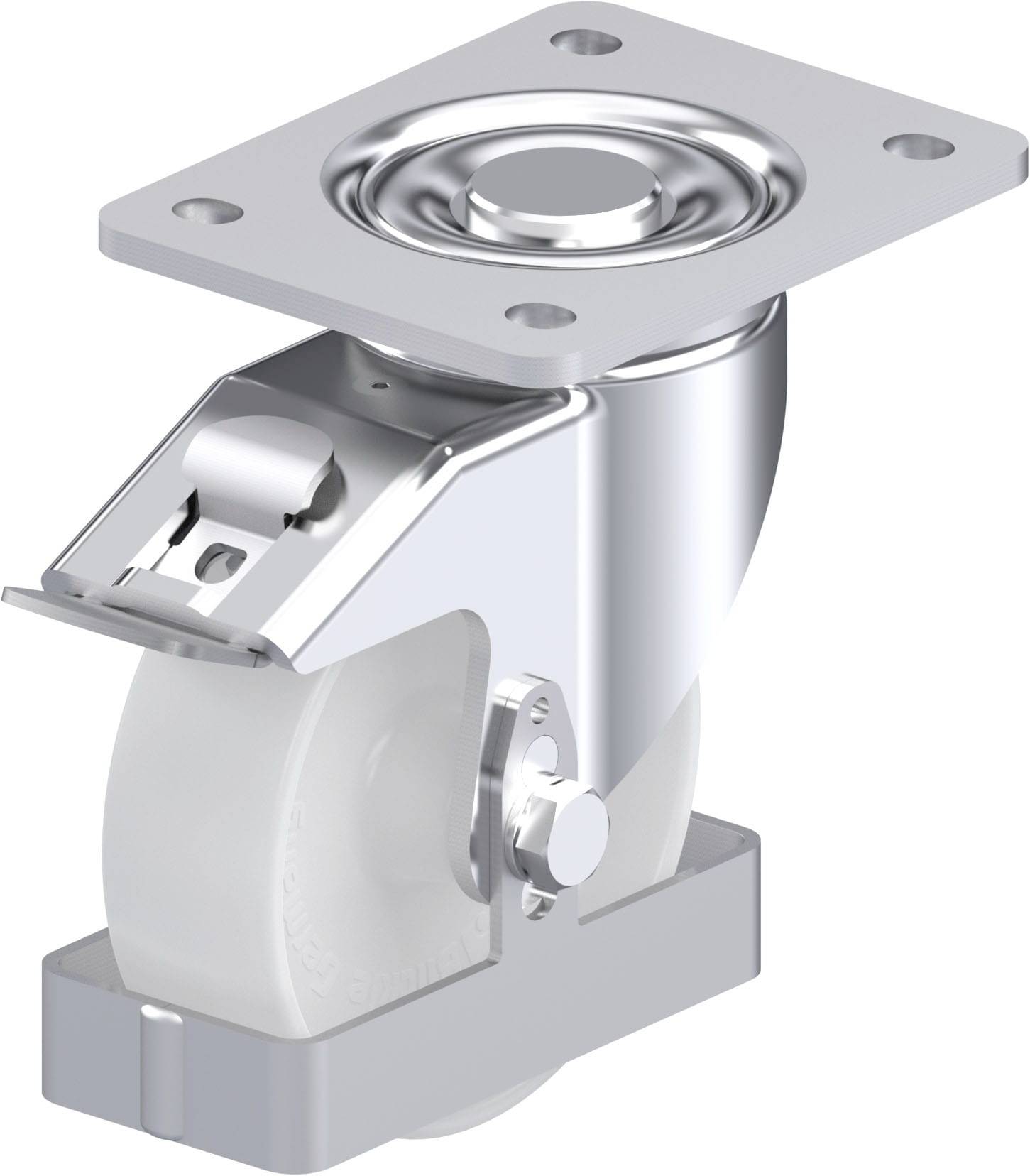 Metallrad mit Befestigungsplatte und transparentem Rad, geeignet für Möbel oder Industrieanwendungen.