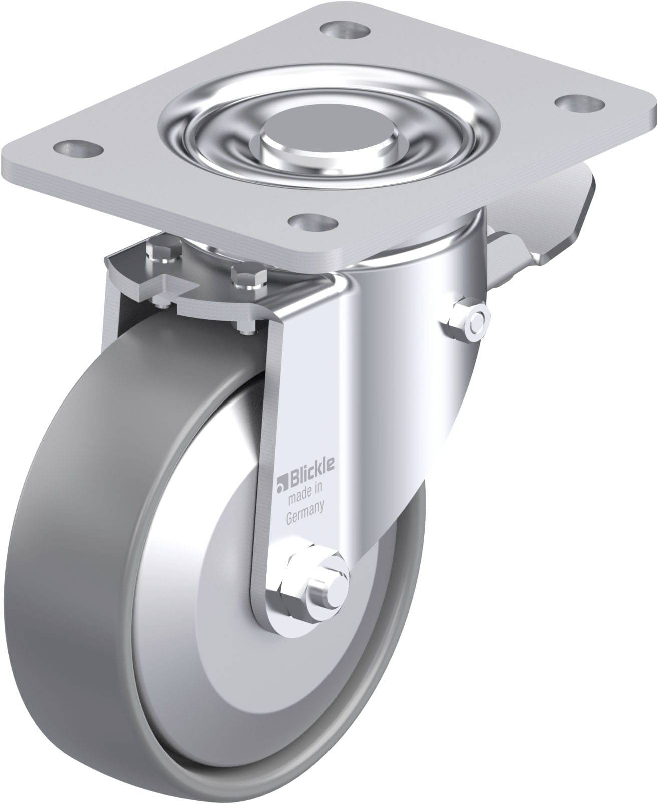 Ein drehbares Industrie-Lenkrollenrad aus Metall, mit Befestigungsplatte. Robust gebaut, geeignet für schwere Lasten in verschiedenen Anwendungen.
