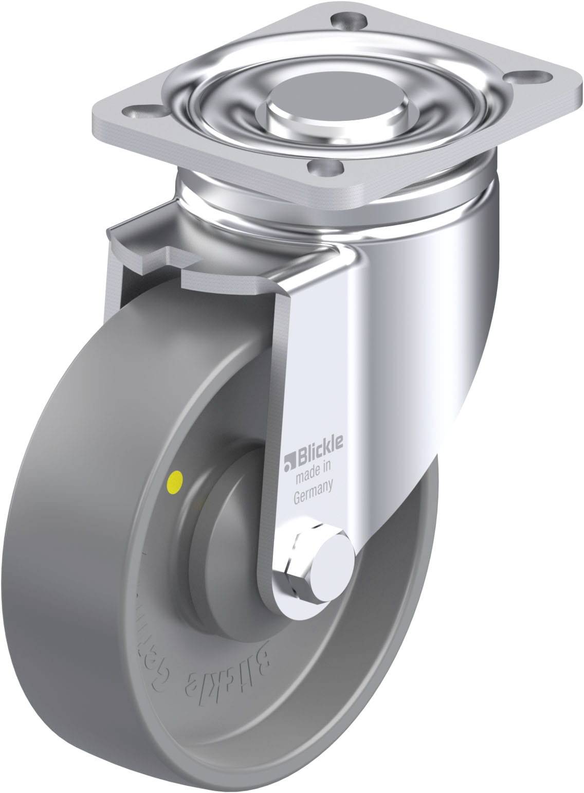 Drehbares Gehäuse-Lenkrolle aus Metall mit grauem Rad, geeignet für Industrieanwendungen und Transportgeräte, Markenname sichtbar.