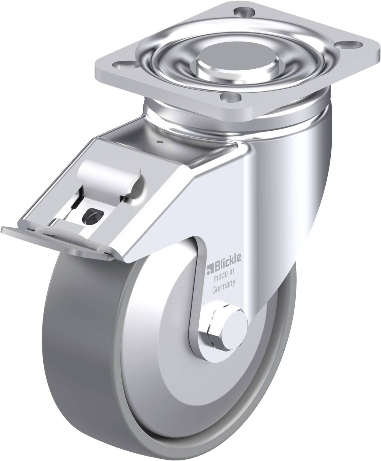 Ein glänzendes Metall-Lenkrolle-Rad, runde Platte oben zur Befestigung, Beschriftung 'made in Germany', geeignet für industrielle Anwendungen.