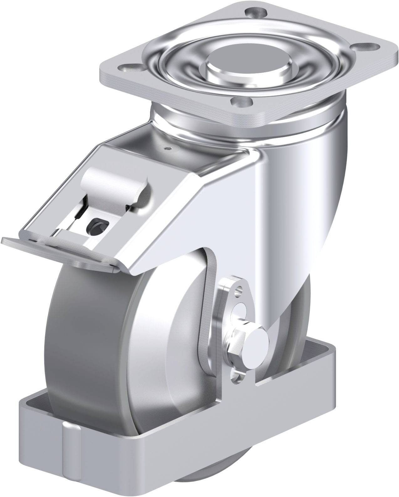 Metallisches Drehgelenk-Rad mit rechteckiger Platte und Befestigungslöchern, geeignet für schwere Lasten und industrielle Anwendungen.