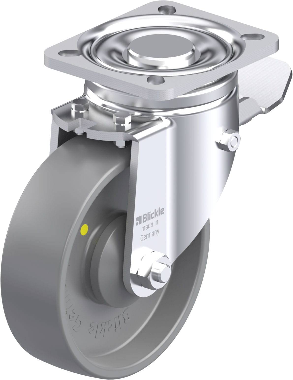 Eine drehbare Industrieleichtrolle aus Metall mit grauem Rad und Befestigungsplatte. Markierung 'Blickle, made in Germany' sichtbar.