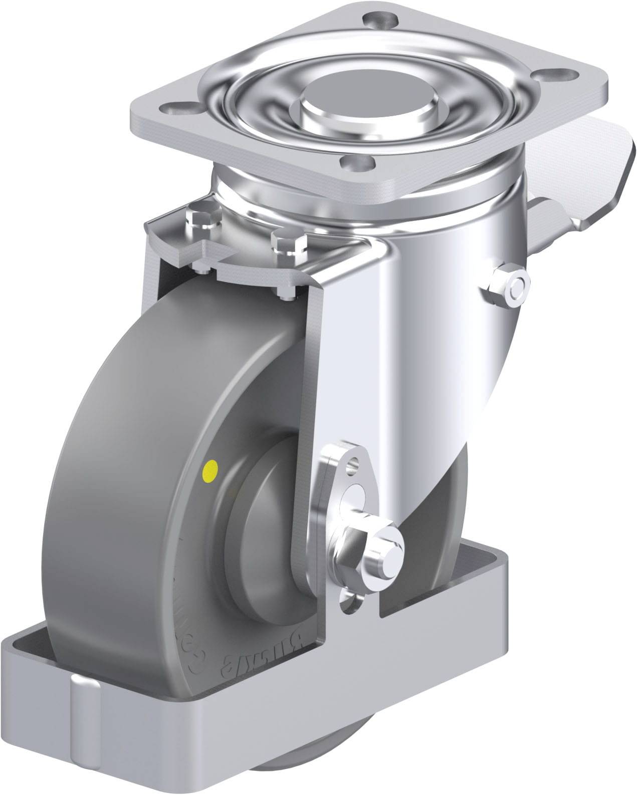 Industrie-Schwenkrolle aus Metall und Kunststoff. Die Rolle ist grau und in ein glänzendes, silberfarbenes Lager integriert.