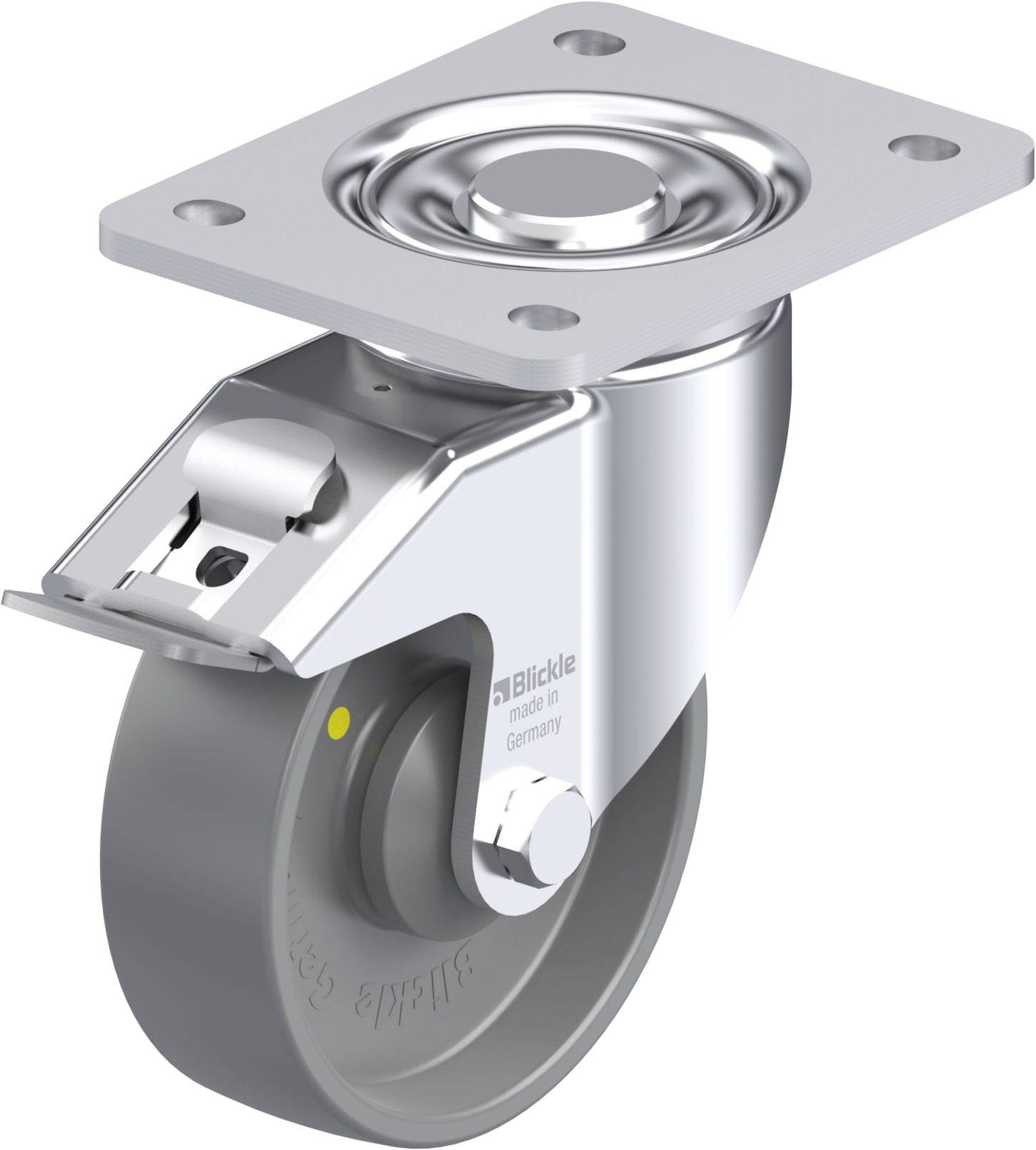 Industrie-Rollenrad aus Metall und Gummi mit drehbarer Oberplatte und Bremse für schwere Lasten.