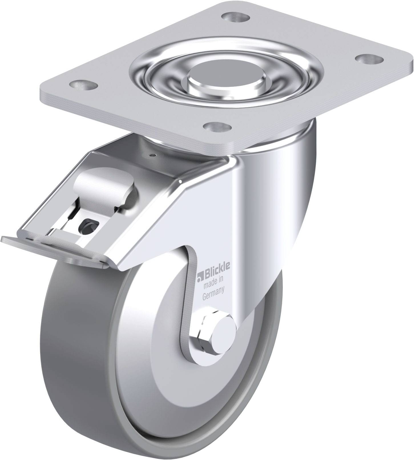 Schwenkrolle aus Metall mit flacher Befestigungsplatte, kugelgelagerter Drehmechanismus und Gummirad, geeignet für Möbel.
