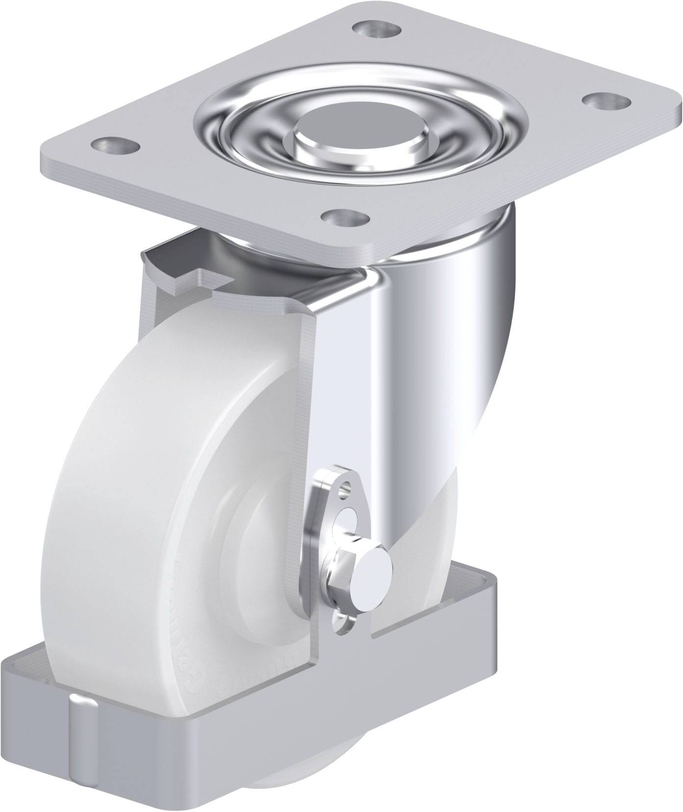 Ein weißes Lenkrollen-Rad mit silbernem Metallgehäuse und rechteckiger Montageplatte. Verwendet für Möbel oder Industriebedarf.
