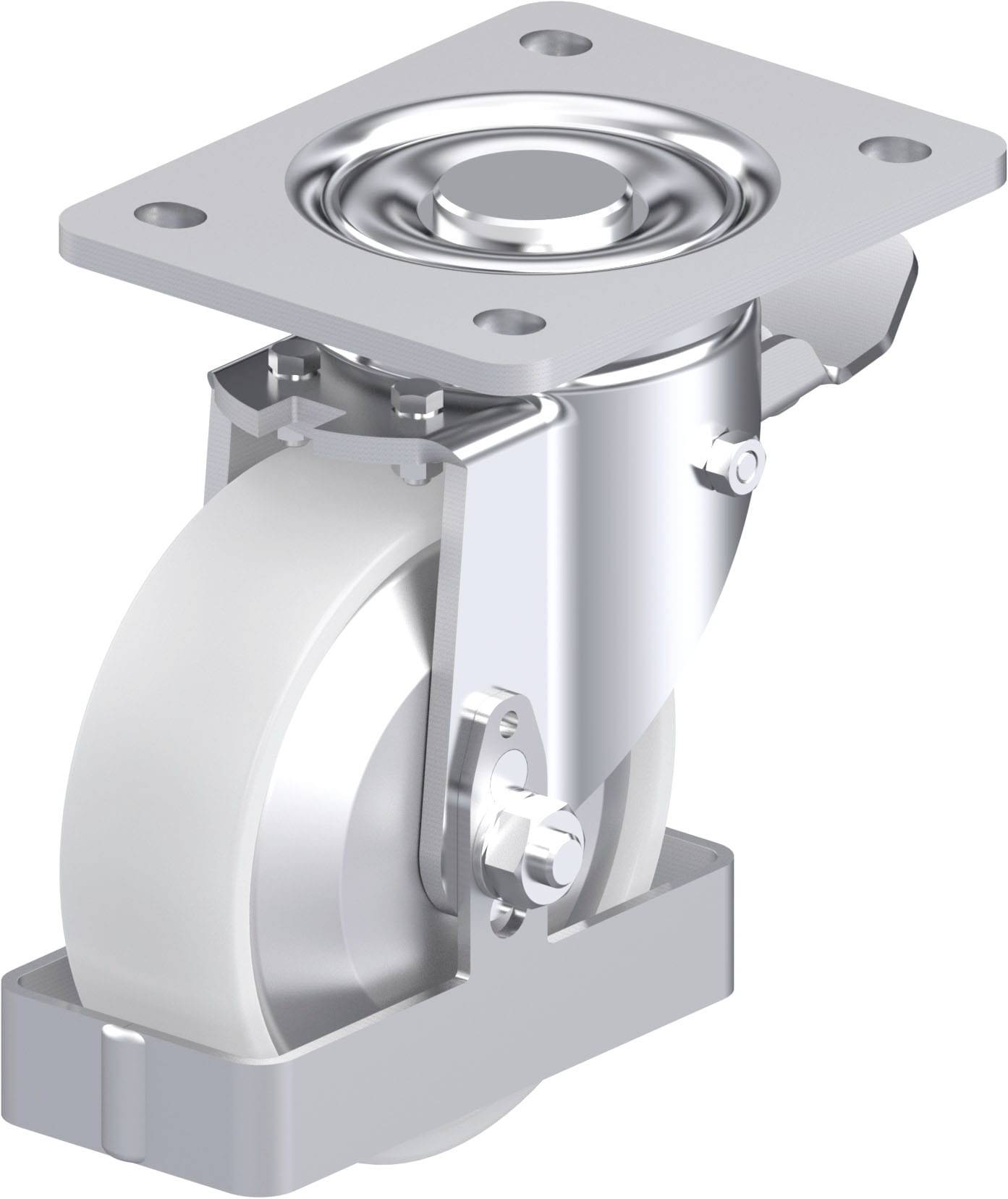 Industrie-Rollenlager aus Metall und Kunststoff in Silber-Weiß. Verwendet für schwere Maschinen oder Möbel, bietet Beweglichkeit.