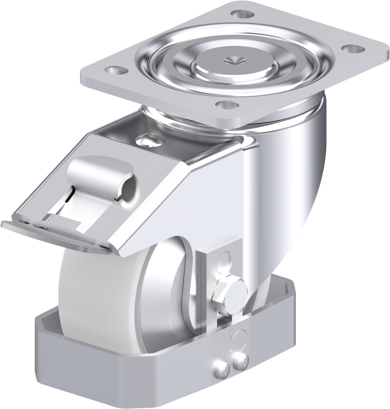 Rollenlenkrolle mit Befestigungsplatte, drehbar auf Kugellager, geeignet für Möbel oder Geräte, in silbernem Metallgehäuse.