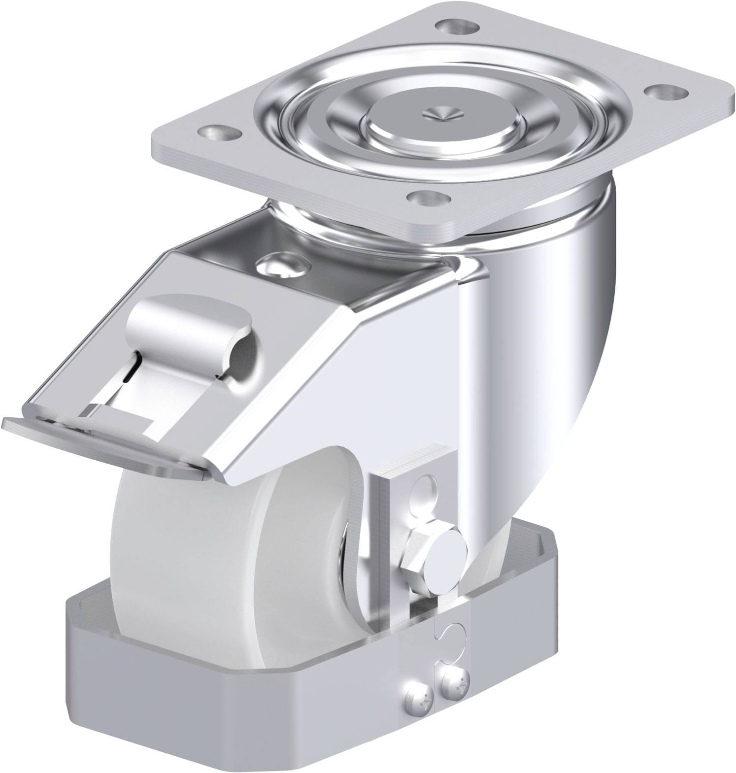 Industriellen Schwerlastrolle mit Metallgehäuse, seitlichem Feststeller und robustem weißen Rad.