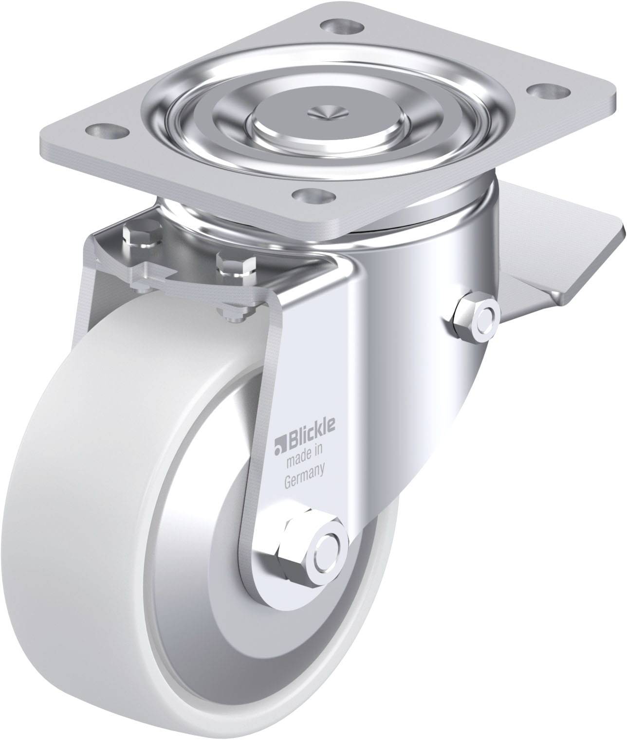 Ein schwenkbares Metallrad mit weißem Reifen, montiert auf einer Metallplatte. Geeignet für den Einsatz an Möbeln oder Geräten.