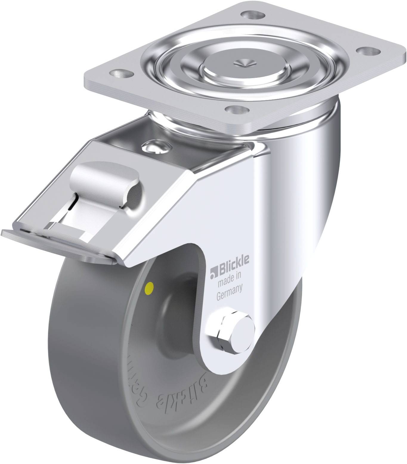 Metallrolle mit grauer, runder Lauffläche und drehbarem Montageplatte. Markenlogo 