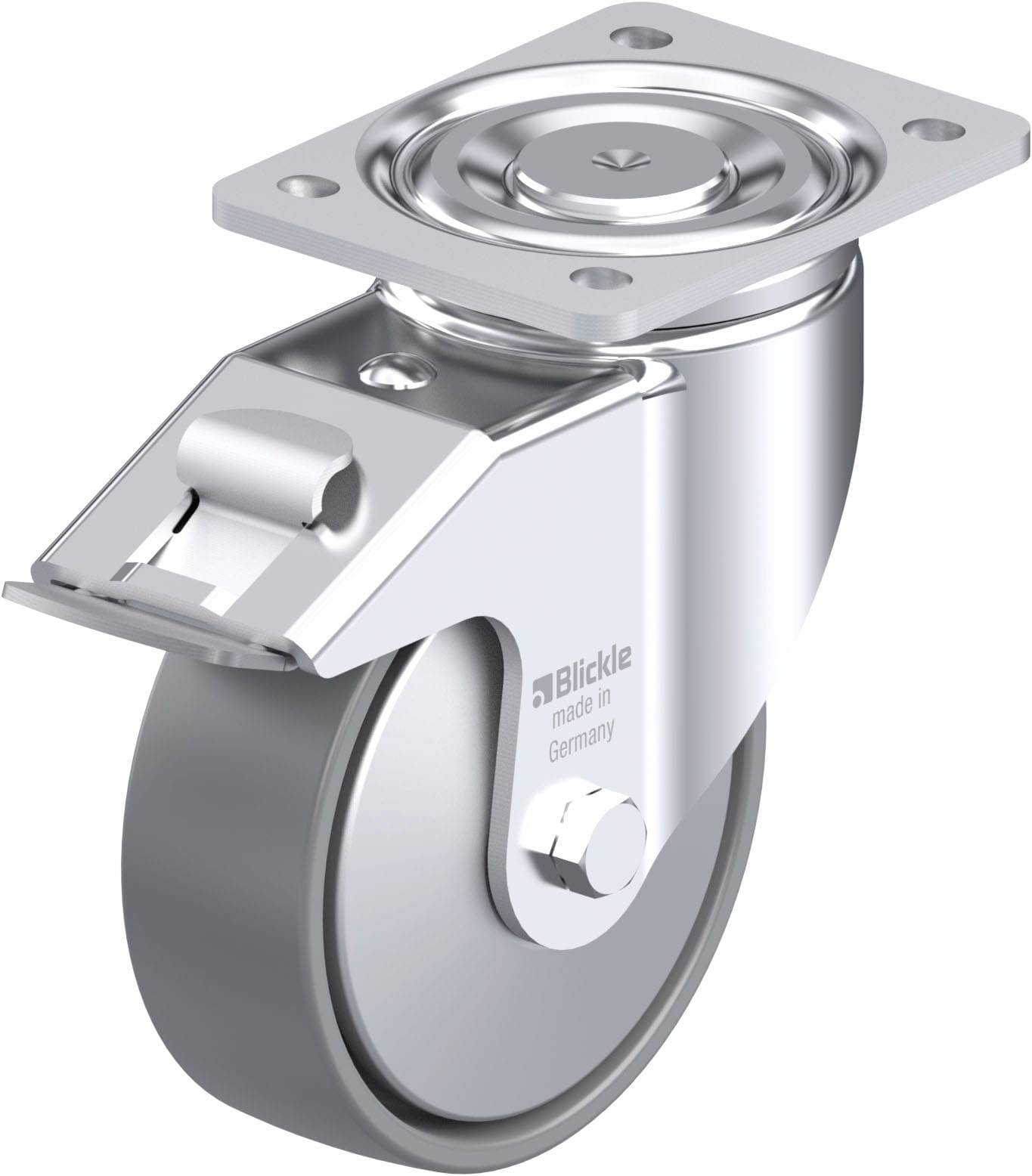 Industrie-Rollenhalterung aus Metall mit fest montiertem Rad, Beschriftung 'Blickle made in Germany'.