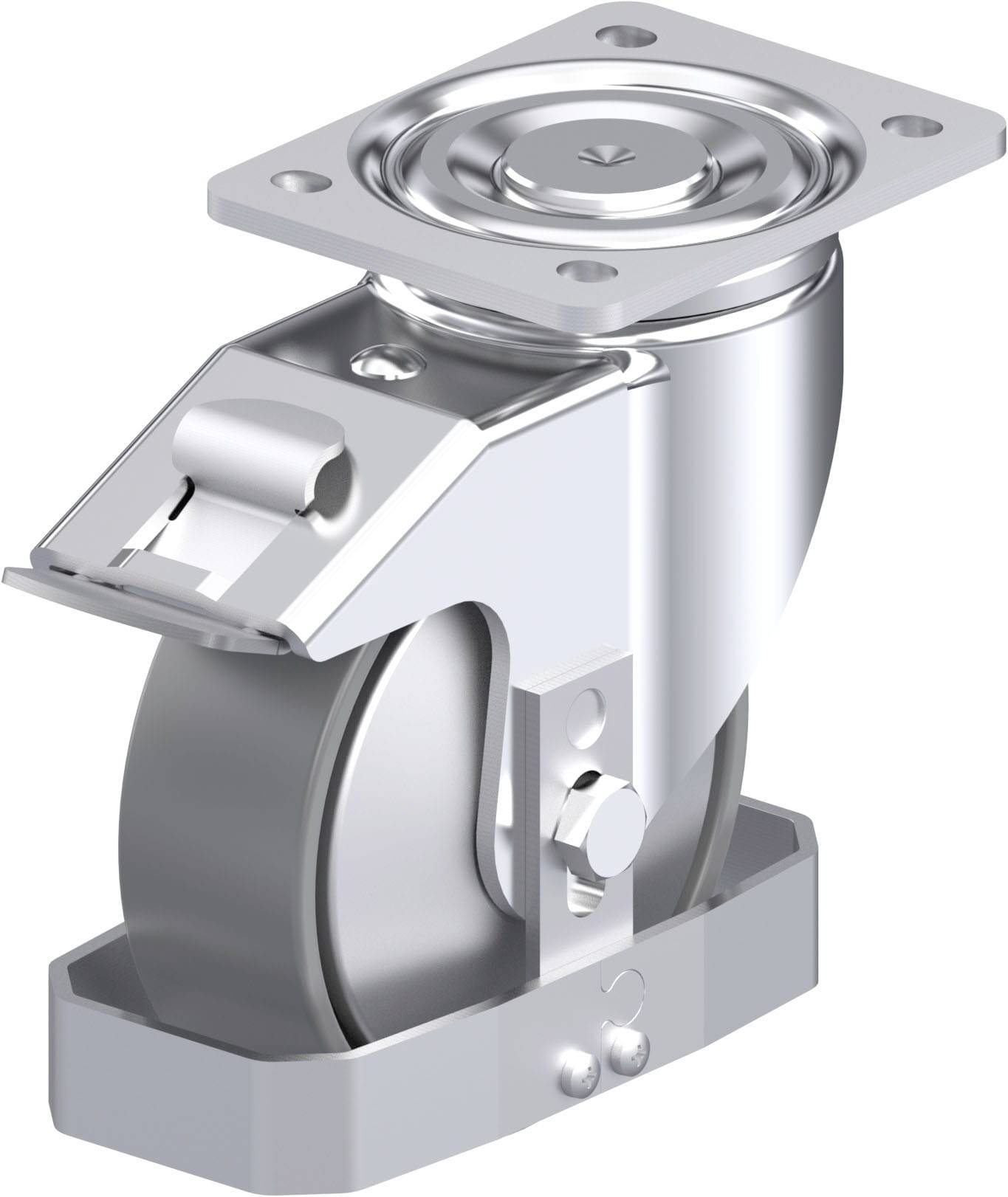 Schwenkrolle aus Metall mit rechteckiger Grundplatte. Geeignet für industrielle Anwendungen, ermöglicht flüssige Bewegung und Drehung.