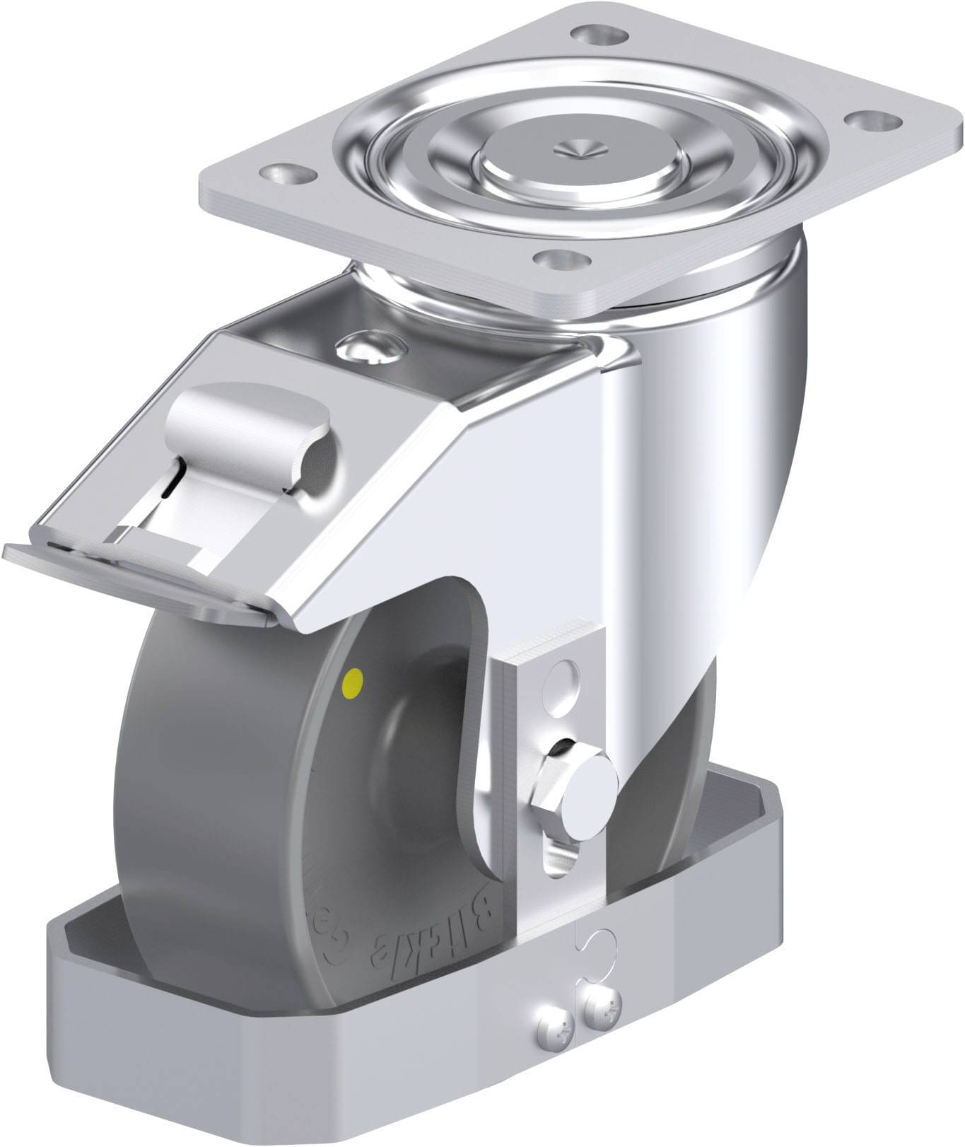 Metallisches Schwerlastlenkrolle mit Bremse, montierbar auf Flächen, primär für industrielle Anwendungen und Transportgeräte geeignet.