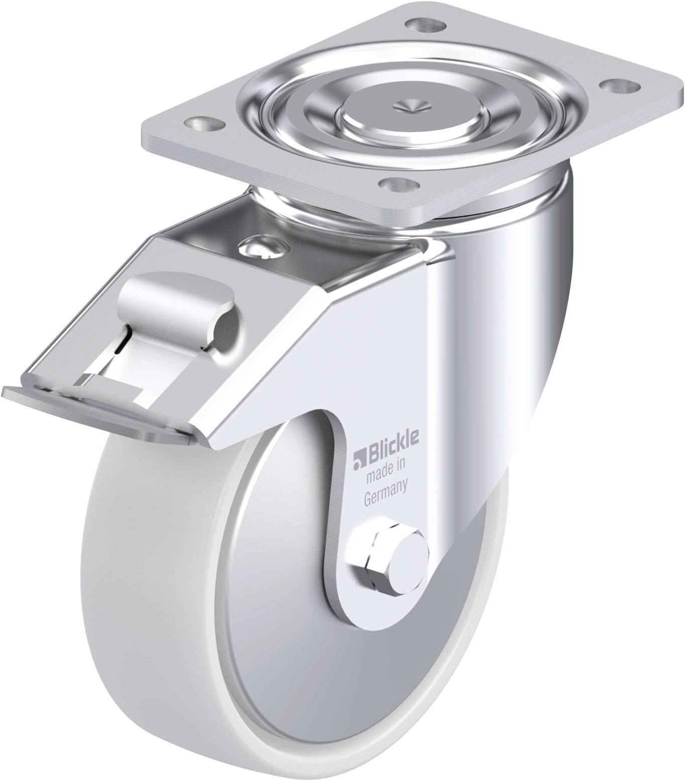 Metallisches, schwenkbares Rollenrad mit grauer Gummibereifung und rechteckiger Montageplatte; geeignet für schwere Lasten.