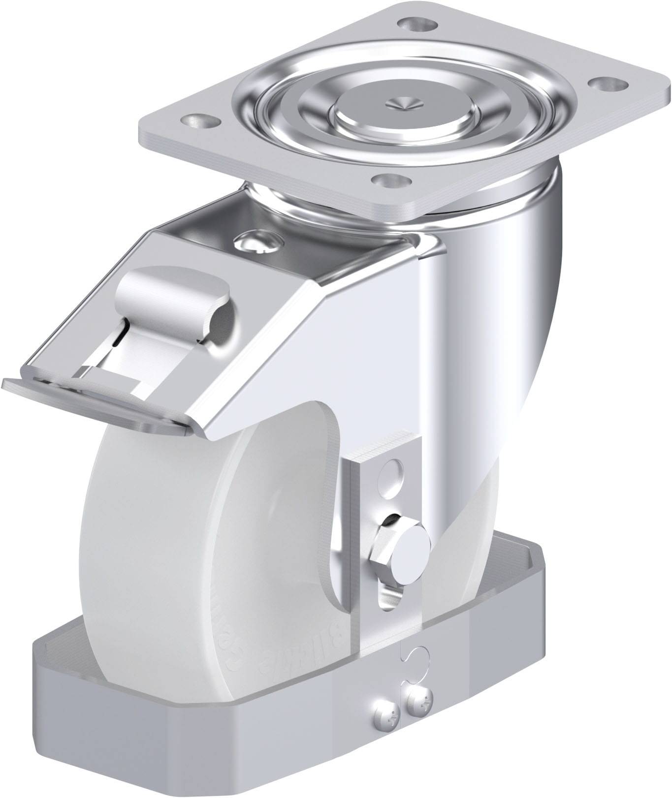 Eine Schwerlastrolle mit weißem Rad, geeignet für den Einbau an Möbeln oder Geräten. Hauptsächlich aus Metall, mit schwenkbarer Montageplatte.