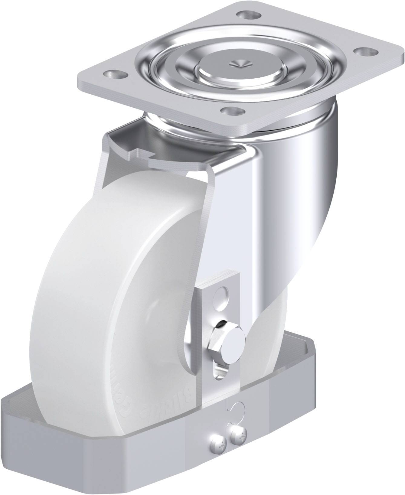 Industrie-Rollen: Schwenkrolle aus Metall mit weißem Rad, geeignet für Schwerlastanwendungen.