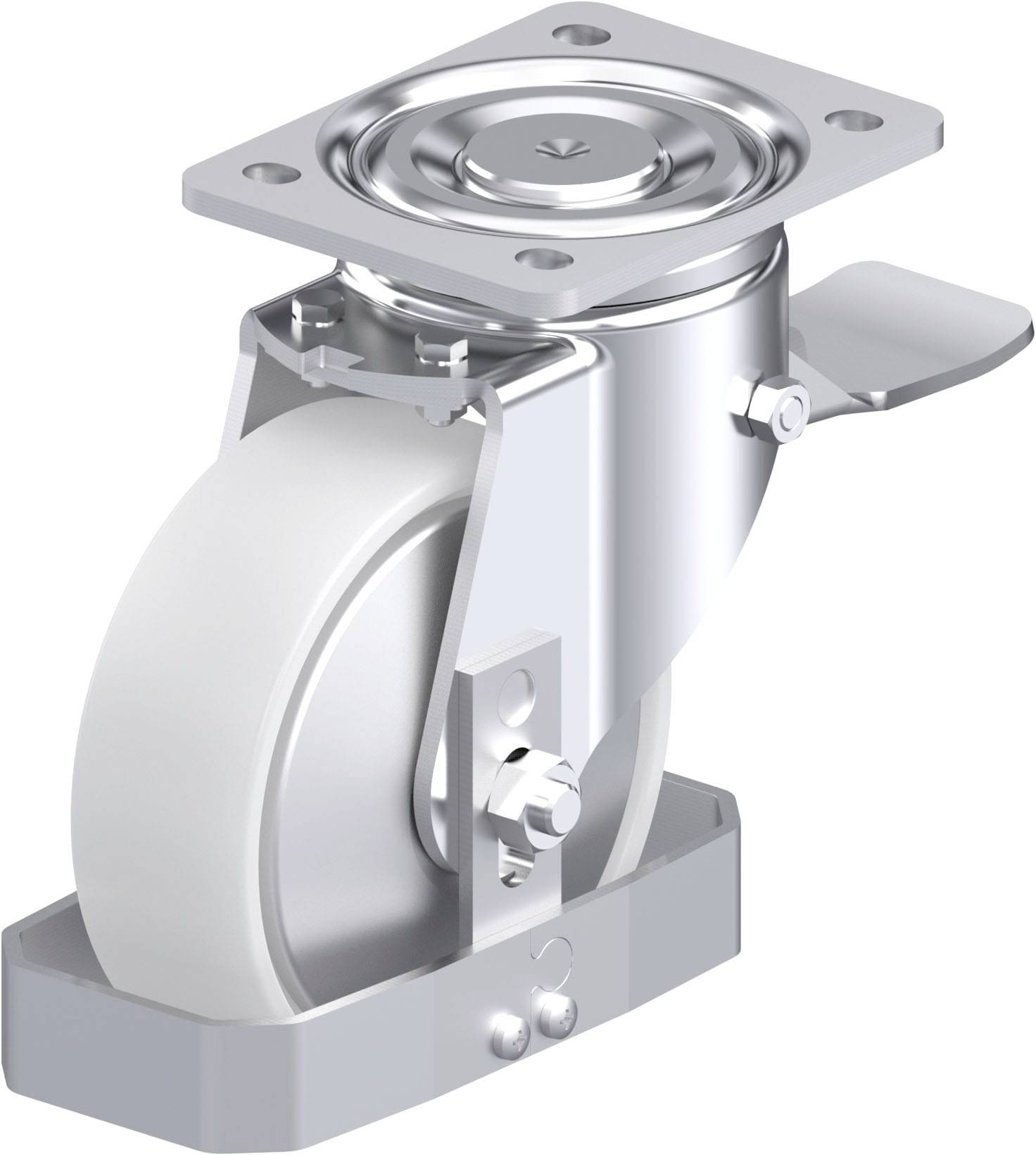 Metallisches Schwenkrollenrad mit rechteckiger Befestigungsplatte und weißem Rad. Verwendet für bewegliche Geräte oder Möbel.