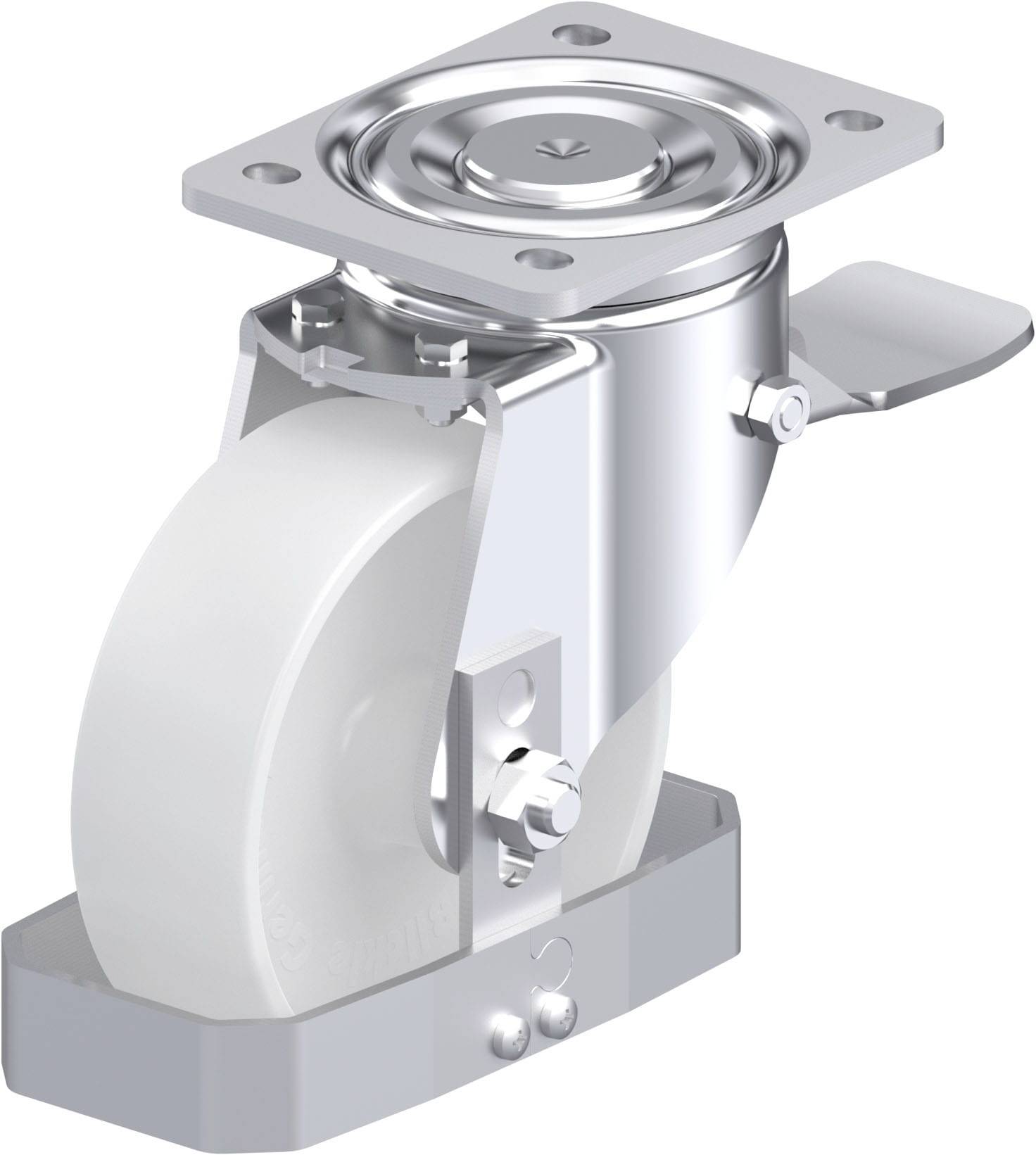 Schwenkrolle aus Metall mit weißem Rad und Befestigungsplatte, geeignet für schwere Lasten und industrielle Anwendungen.