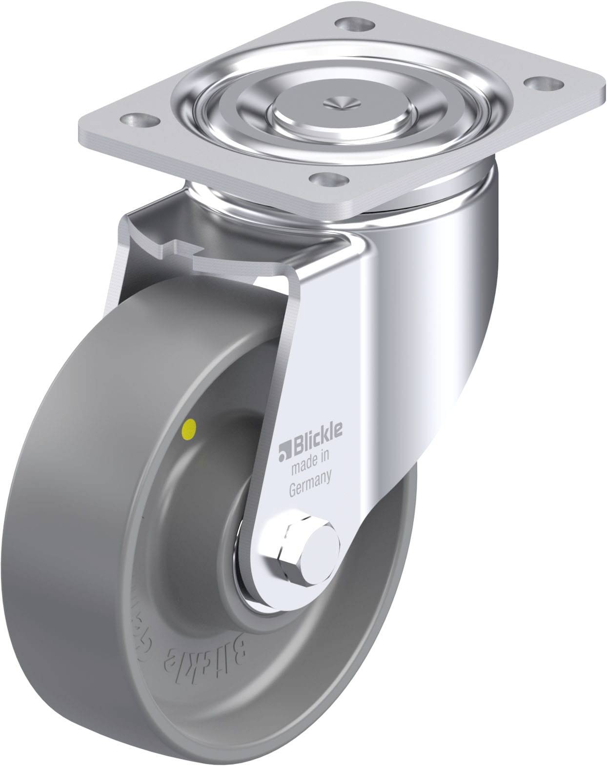 Metallenes Lenkrollenrad mit grauer Gummiabdeckung und Befestigungsplatte, Aufschrift 'Blickle made in Germany'.