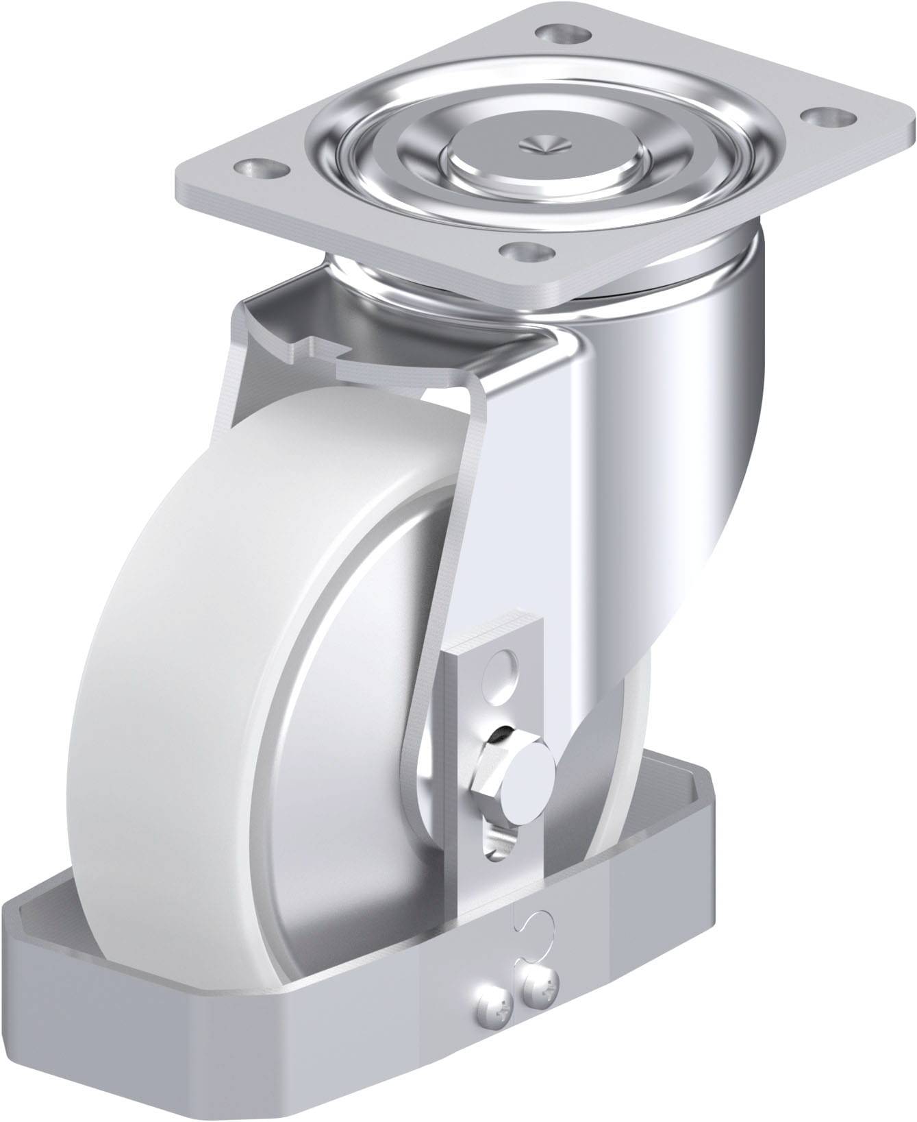 Industrielles Lenkrolle mit Metallgehäuse und weißem Rad, geeignet für schwere Lasten.