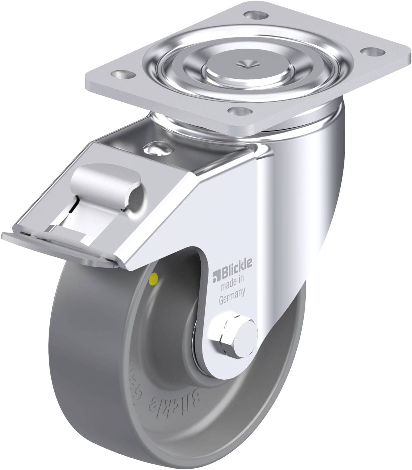 Graue, schwenkbare Apparaterolle aus Metall mit Halteplatte, Aufdruck 'Blickle made in Germany'. Ideal für Möbel oder Transportwagen.