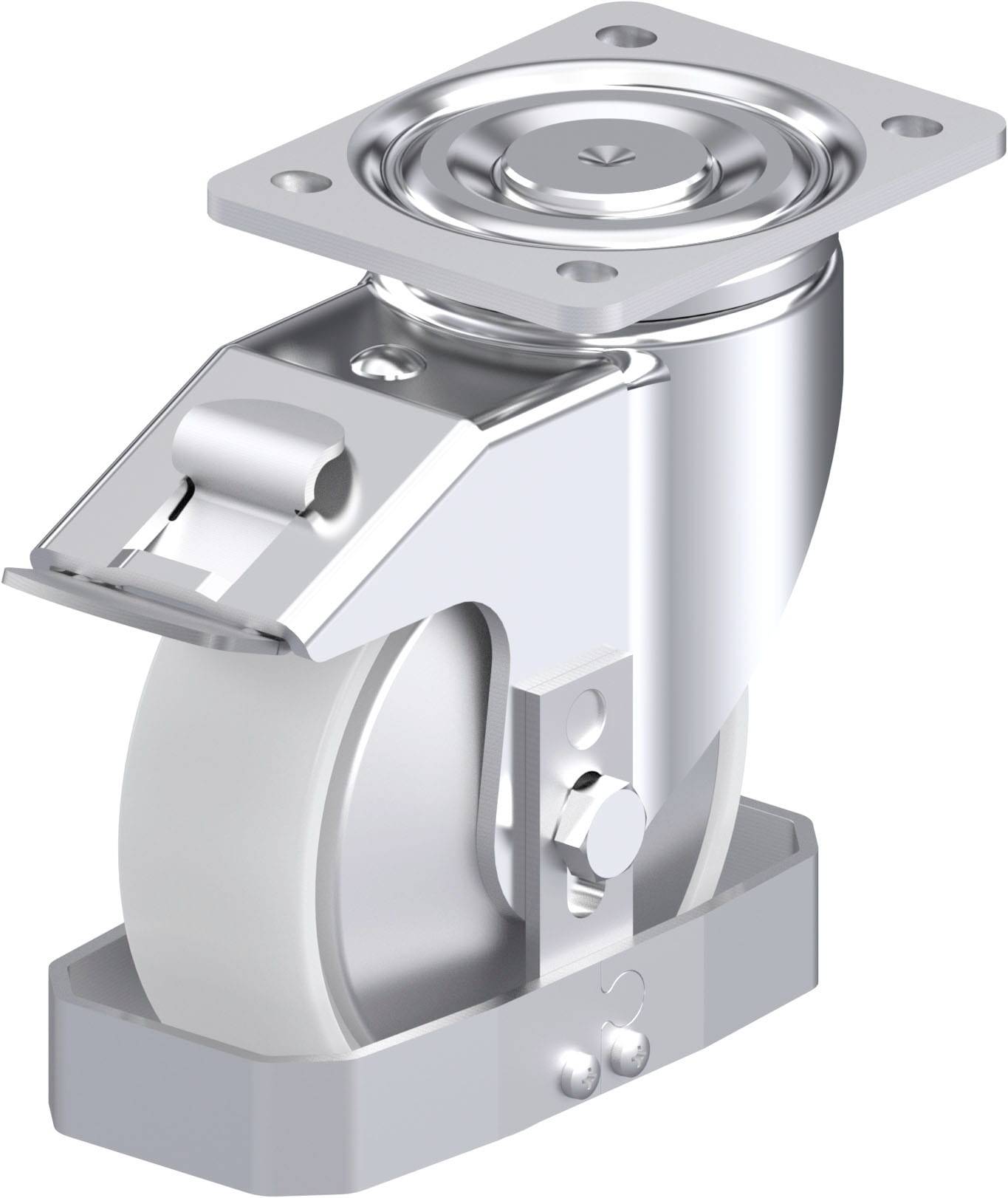 Metallrolle mit rechteckiger Befestigungsplatte, geeignet für schwere Lasten. Sie besitzt eine Bremse und weist eine robuste Konstruktion auf.