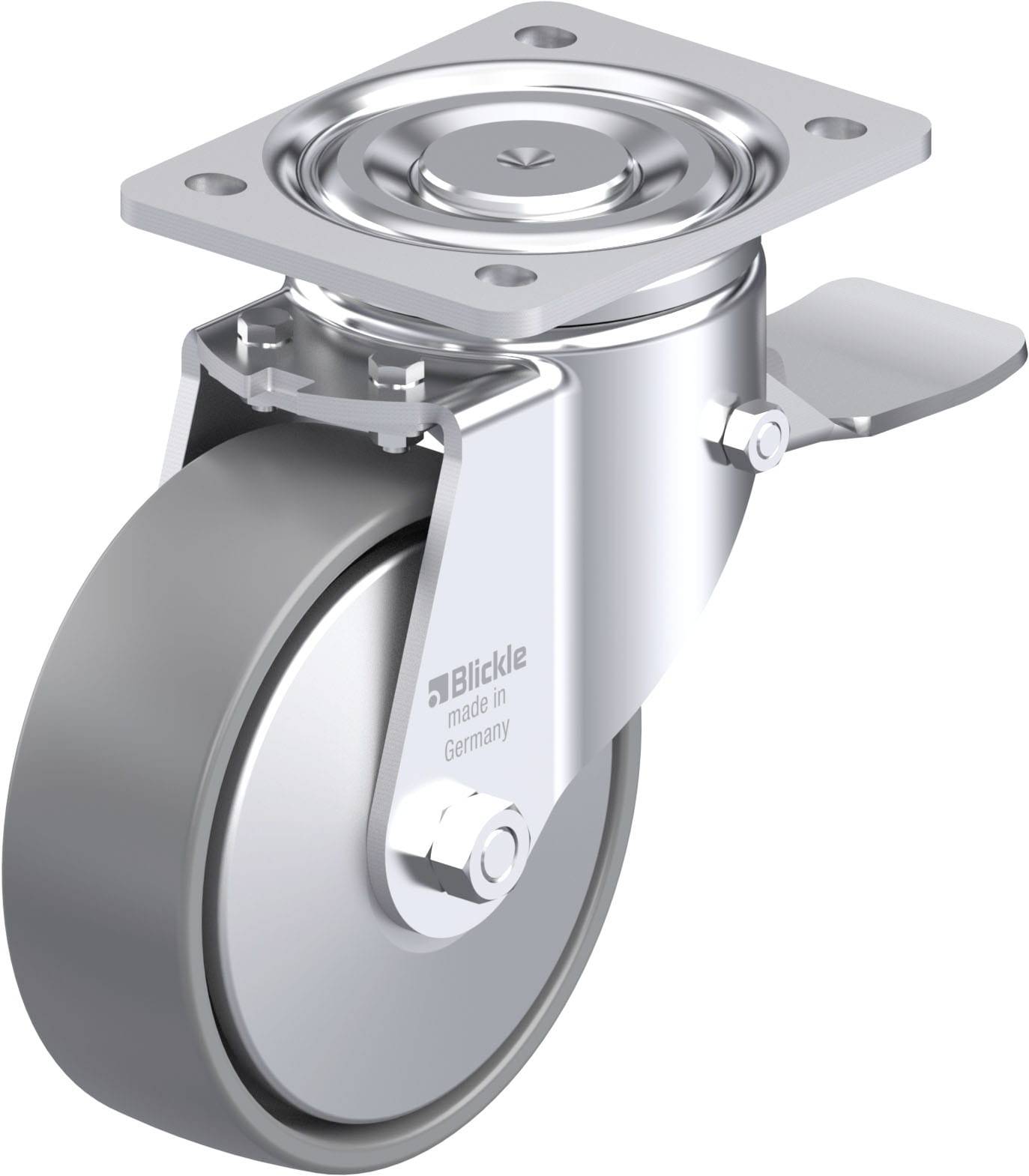Industrie-Rollenrad mit Bremse, Silber, rechteckige Befestigungsplatte, Rolle aus grauem Gummi, Aufschrift 'Blickle made in Germany'.