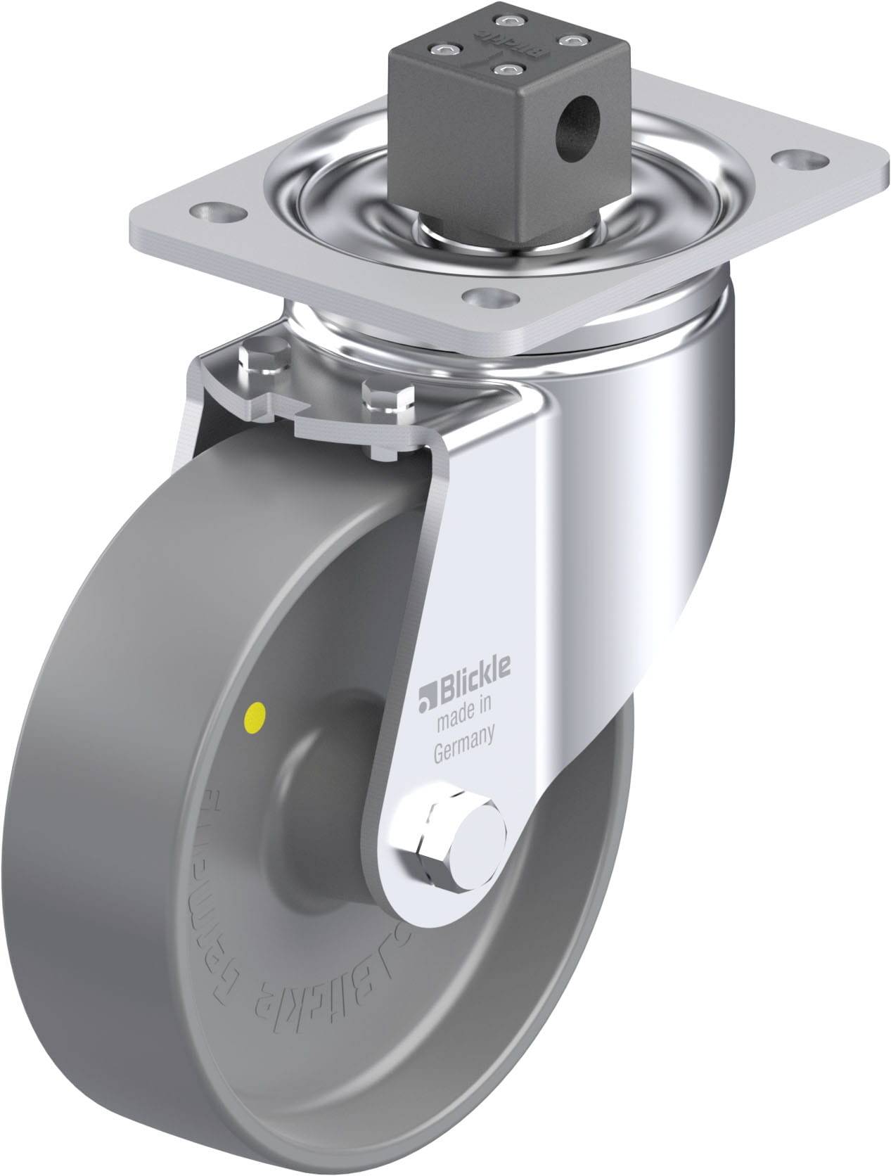 Ein graues Lenkrollenrad mit Metallaufnahme, geeignet für industrielle Anwendungen, sichtbar ist das Logo eines Herstellers.