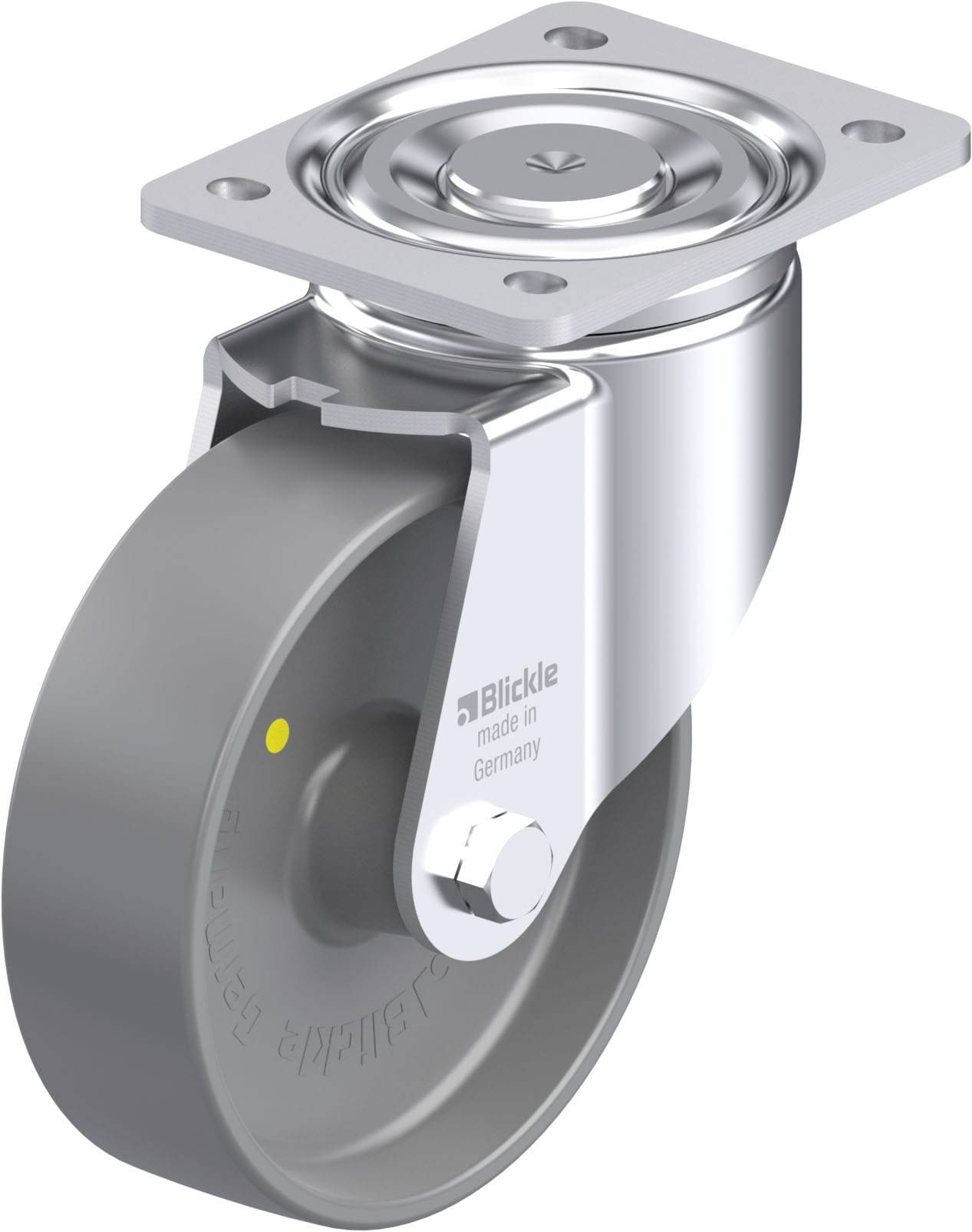 Industrie-Lenkrolle aus Metall mit grauem Gummi-Rad, montiert auf einer quadratischen Metallplatte. Aufschrift: 'Blickle made in Germany'.