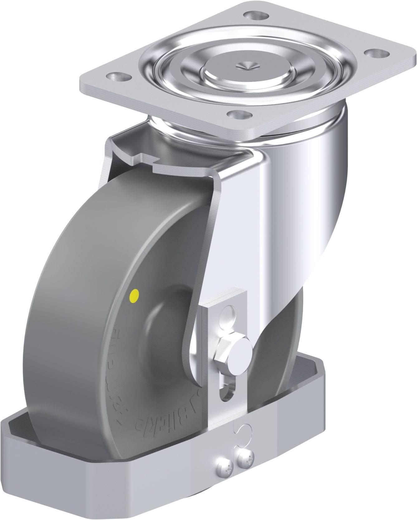 Industrie-Schwenkrolle aus Metall mit grauer Gummilauffläche und Metallplatte zur Befestigung. Geeignet für schwere Lasten.