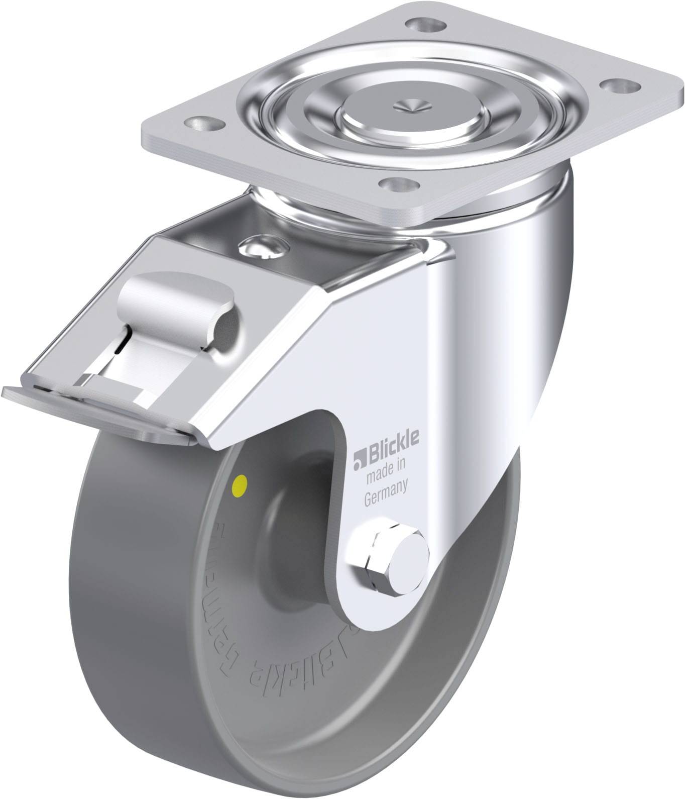 Eine drehbare Industrie-Lenkrolle aus Metall und Kunststoff, mit Befestigungsplatte und 'Blickle made in Germany' Aufschrift.