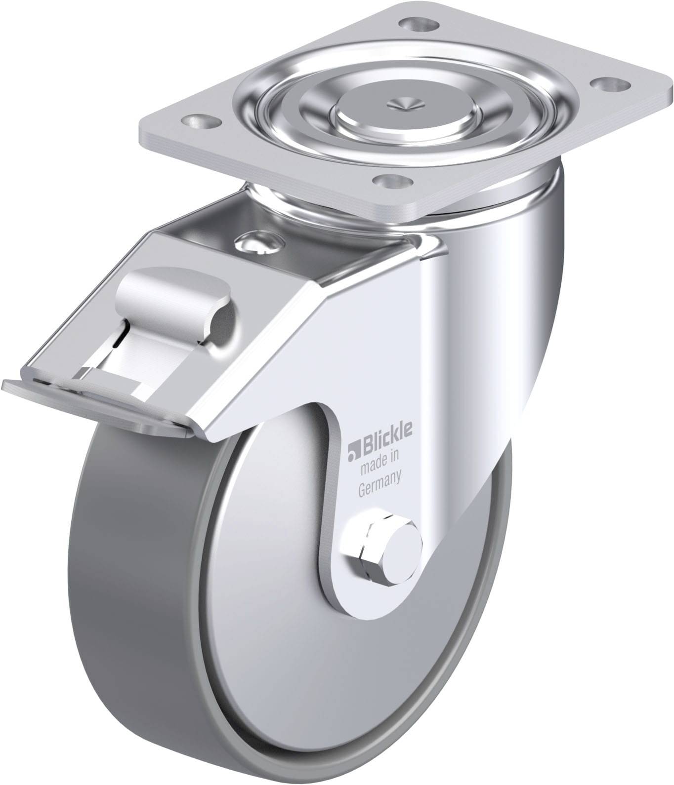 Schwenkrolle aus Metall mit grauem Rad, Halterung oben zur Befestigung. Text auf der Rolle: 'made in Germany'.